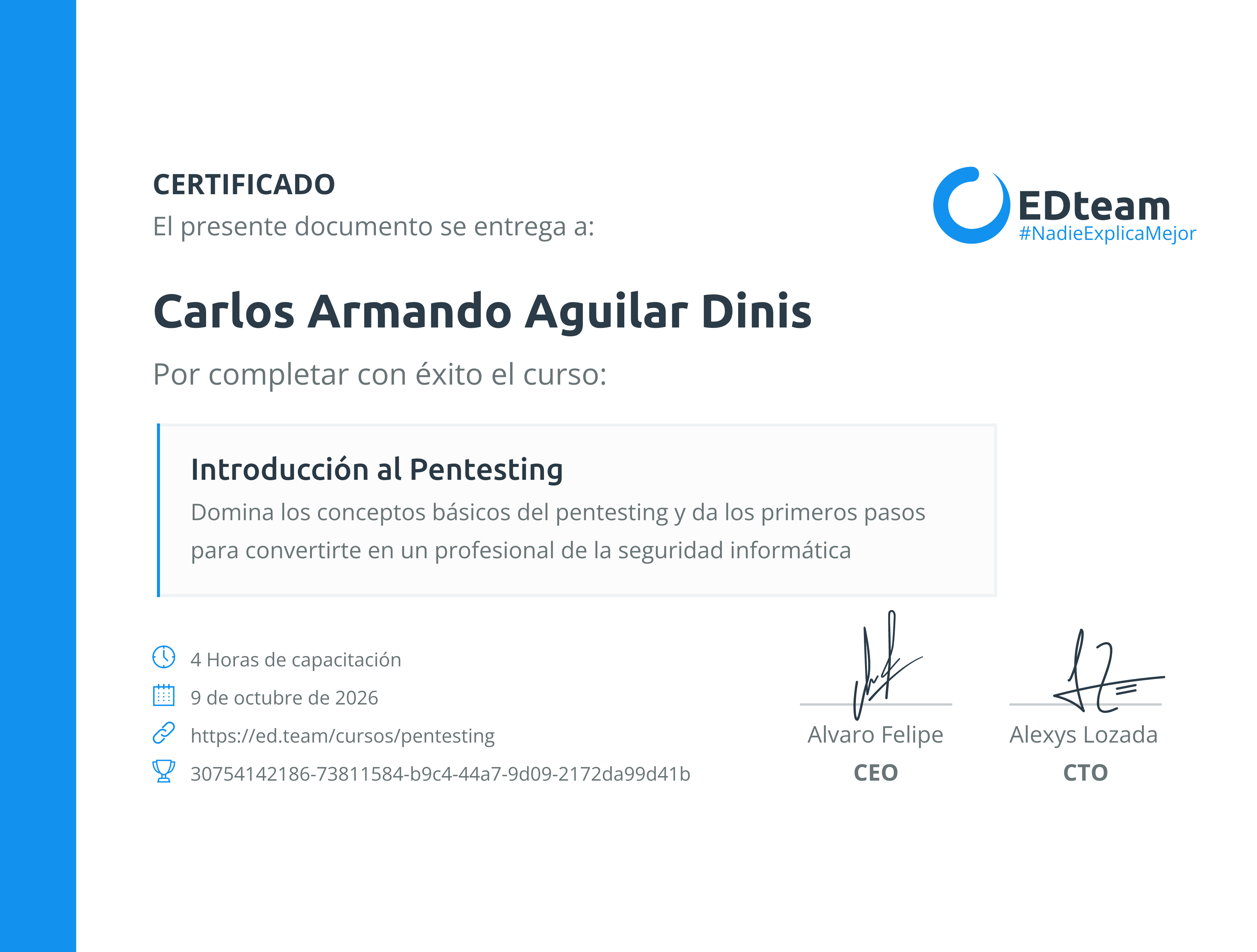 Certificado de Carlos Armando Aguilar Dinis del curso Introducción al Pentesting