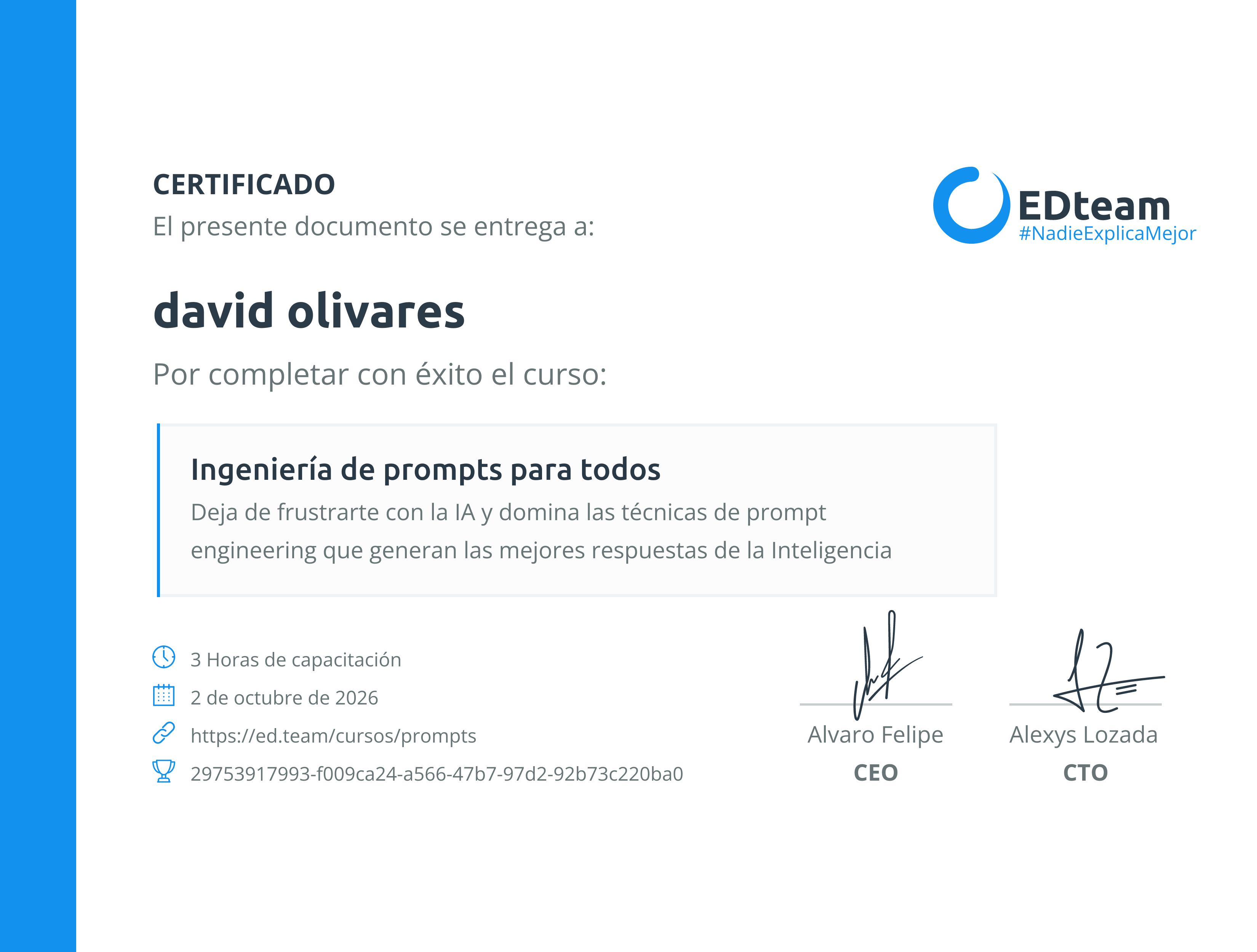 Certificado de david olivares del curso Ingeniería de prompts para todos