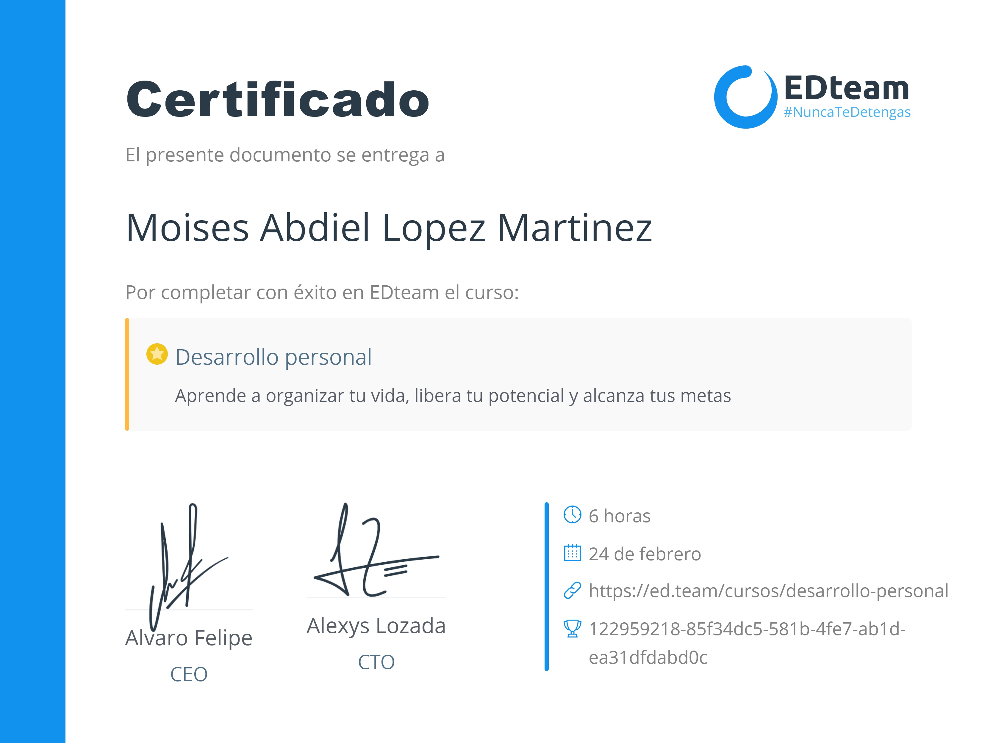 Certificado de Moises Abdiel Lopez Martinez del curso Desarrollo personal