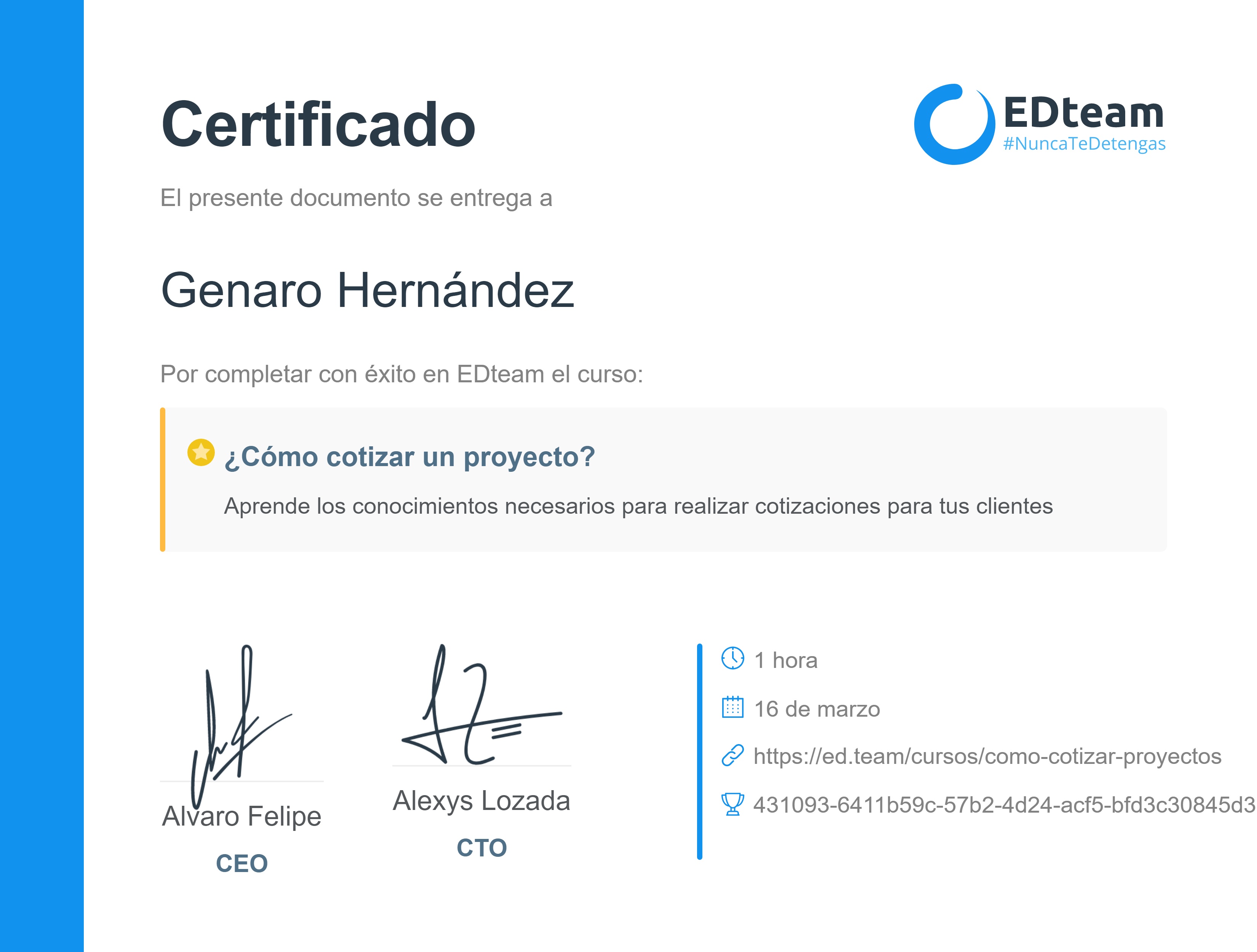 Certificado de Genaro Hernández del curso ¿Cómo cotizar tus proyectos? Parte 1