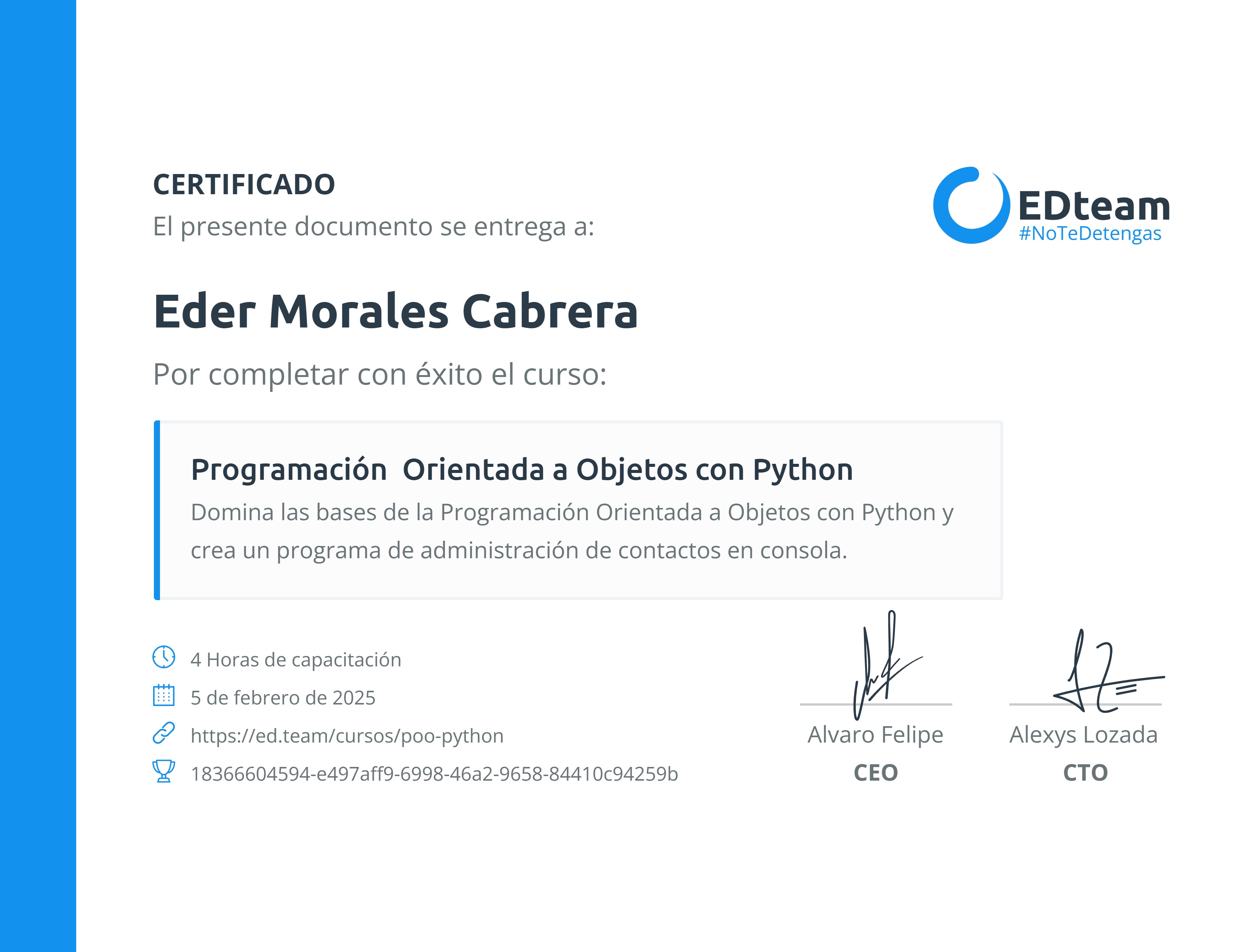 Certificado de Eder Morales Cabrera del curso Programación Orientada a Objetos con Python