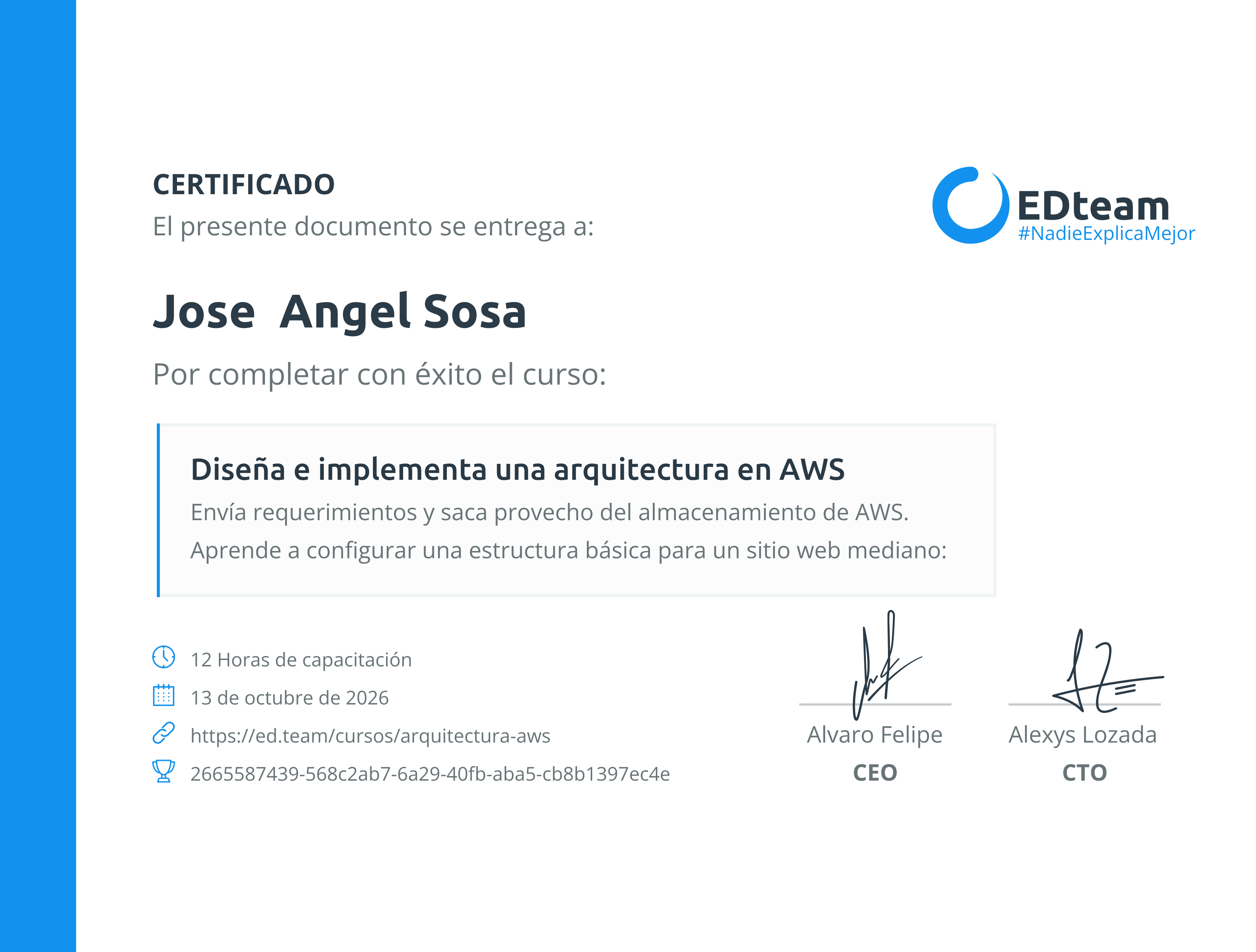 Certificado de Jose Angel Sosa del curso Diseña e implementa una arquitectura en AWS
