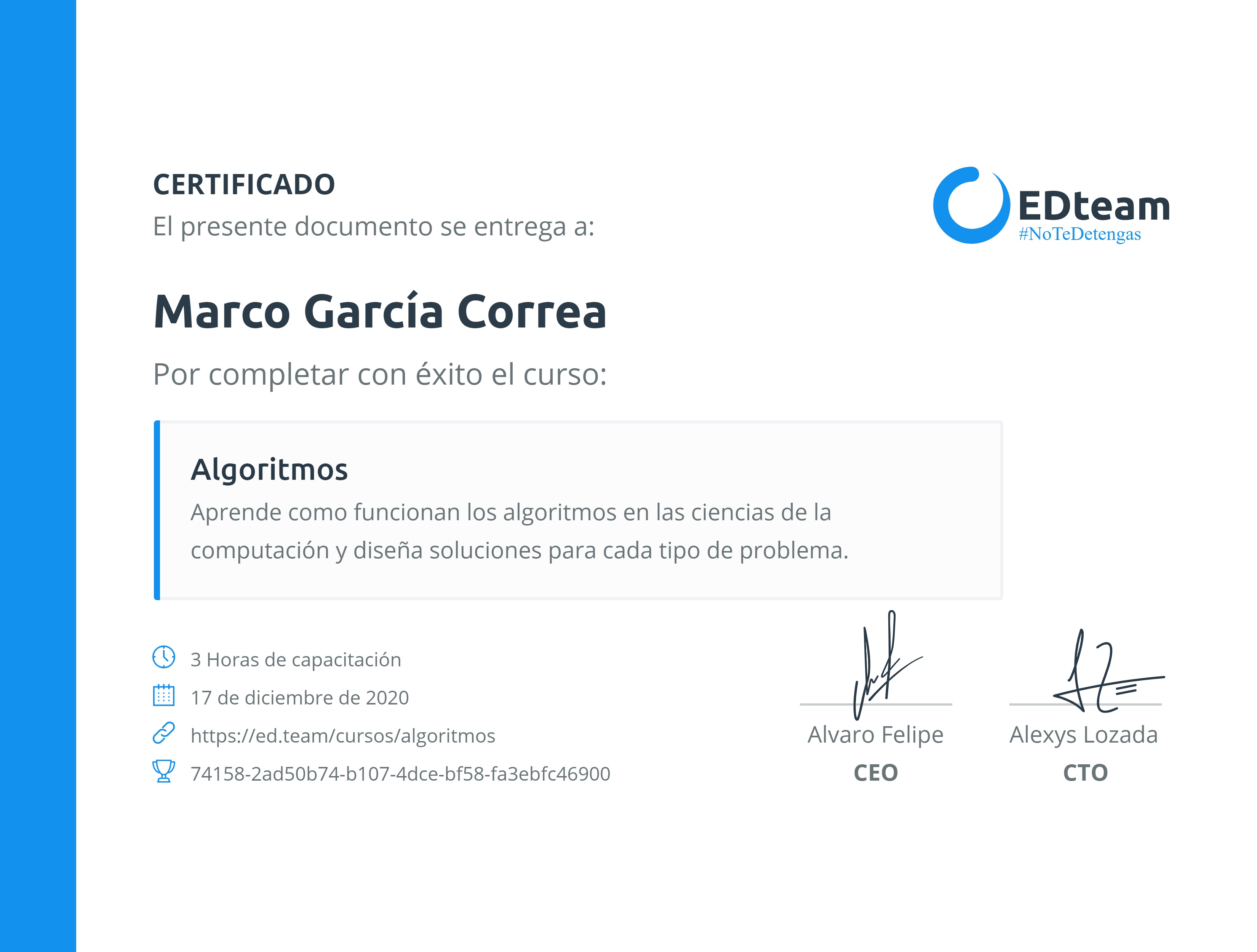 Certificado de Marco García del curso Algoritmos (2018)