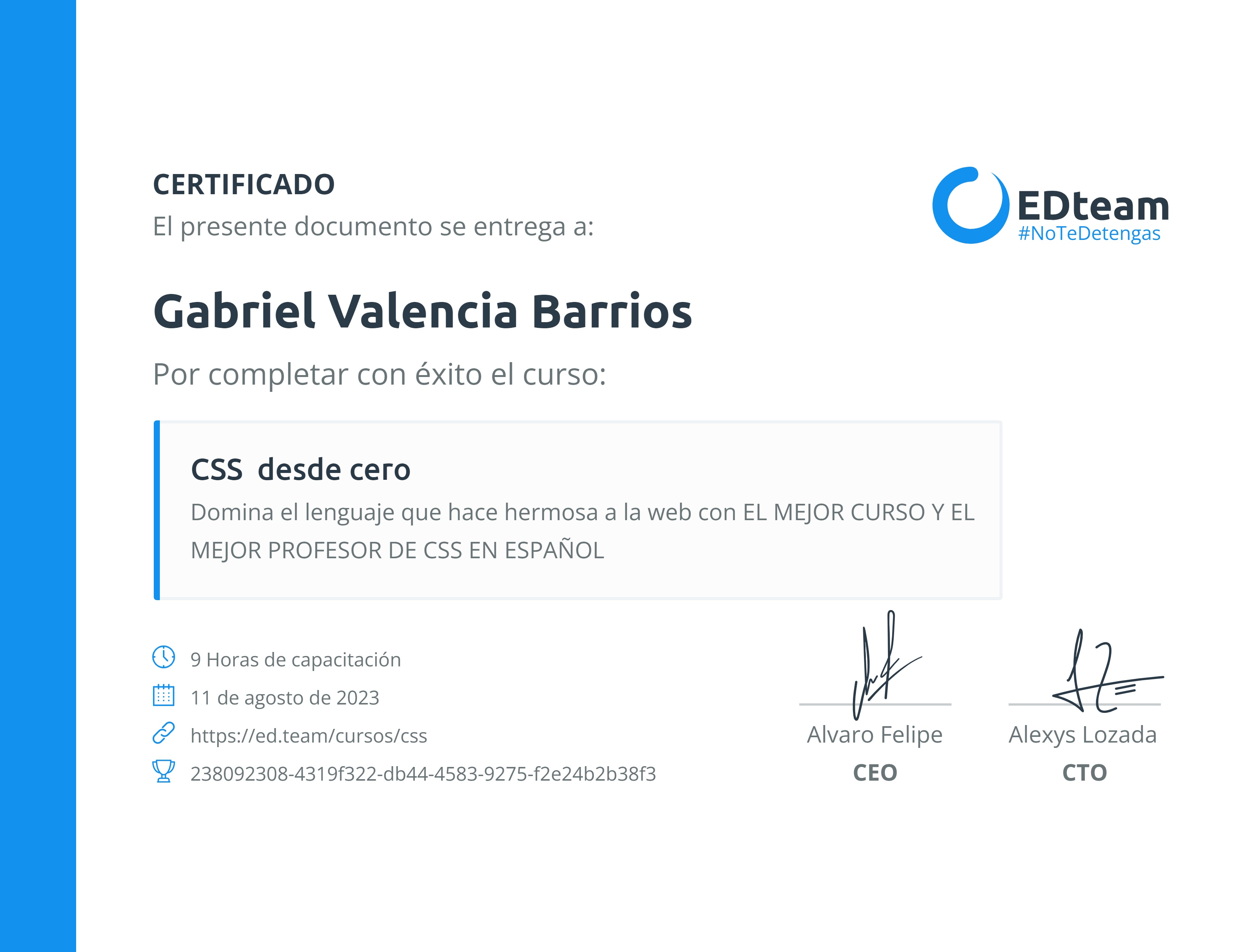 Certificado de Gabriel Valencia Barrios del curso CSS desde cero (2020)
