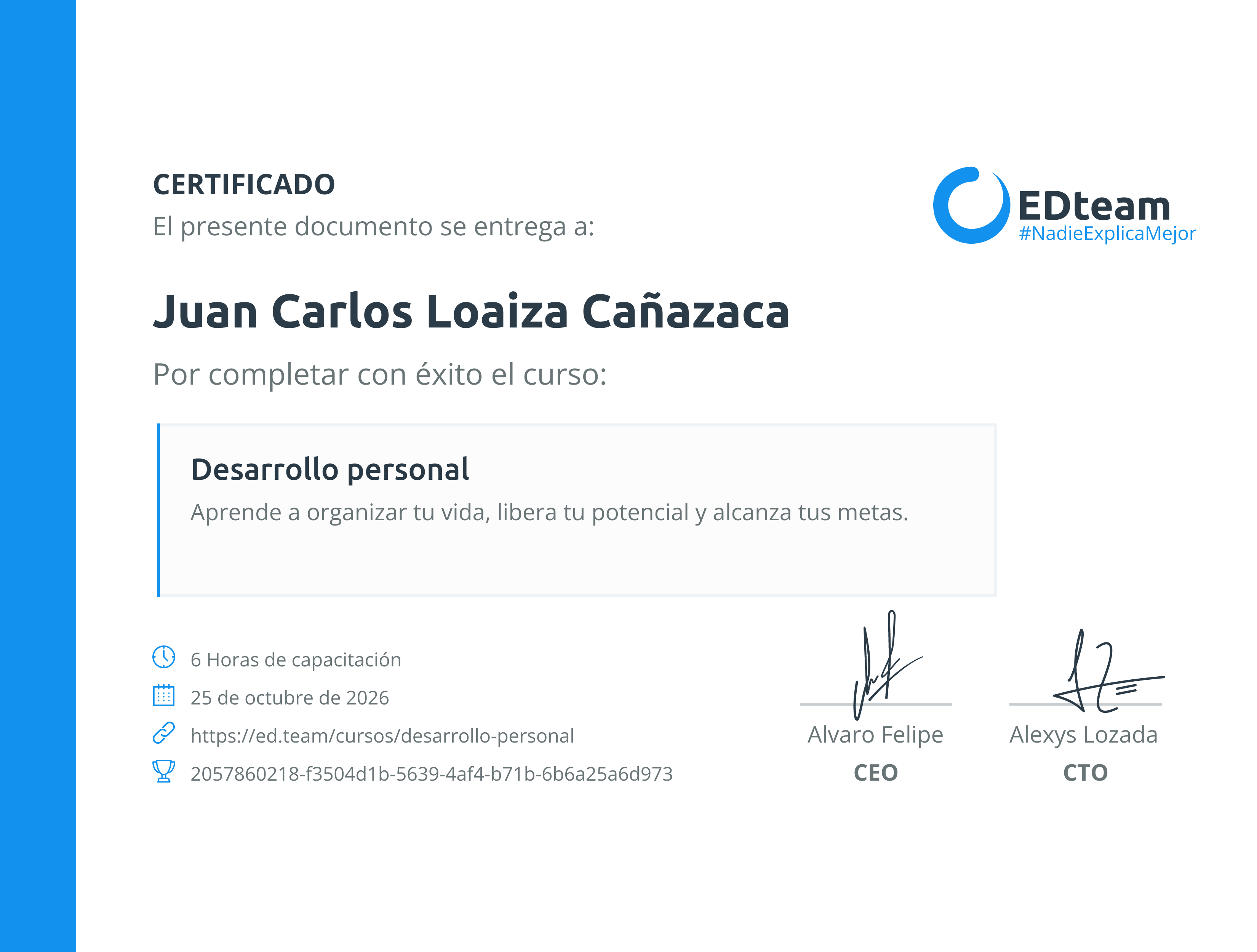 Certificado de Juan Carlos Loaiza Cañazaca del curso Desarrollo personal