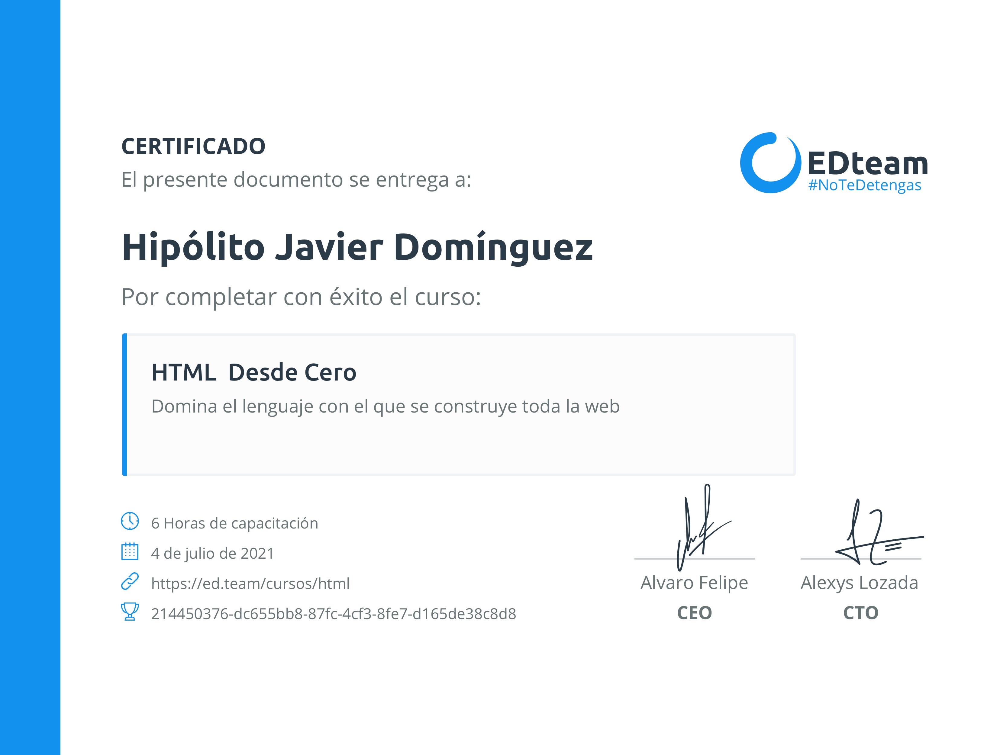 Certificado de Hipólito Javier Domínguez del curso HTML desde cero