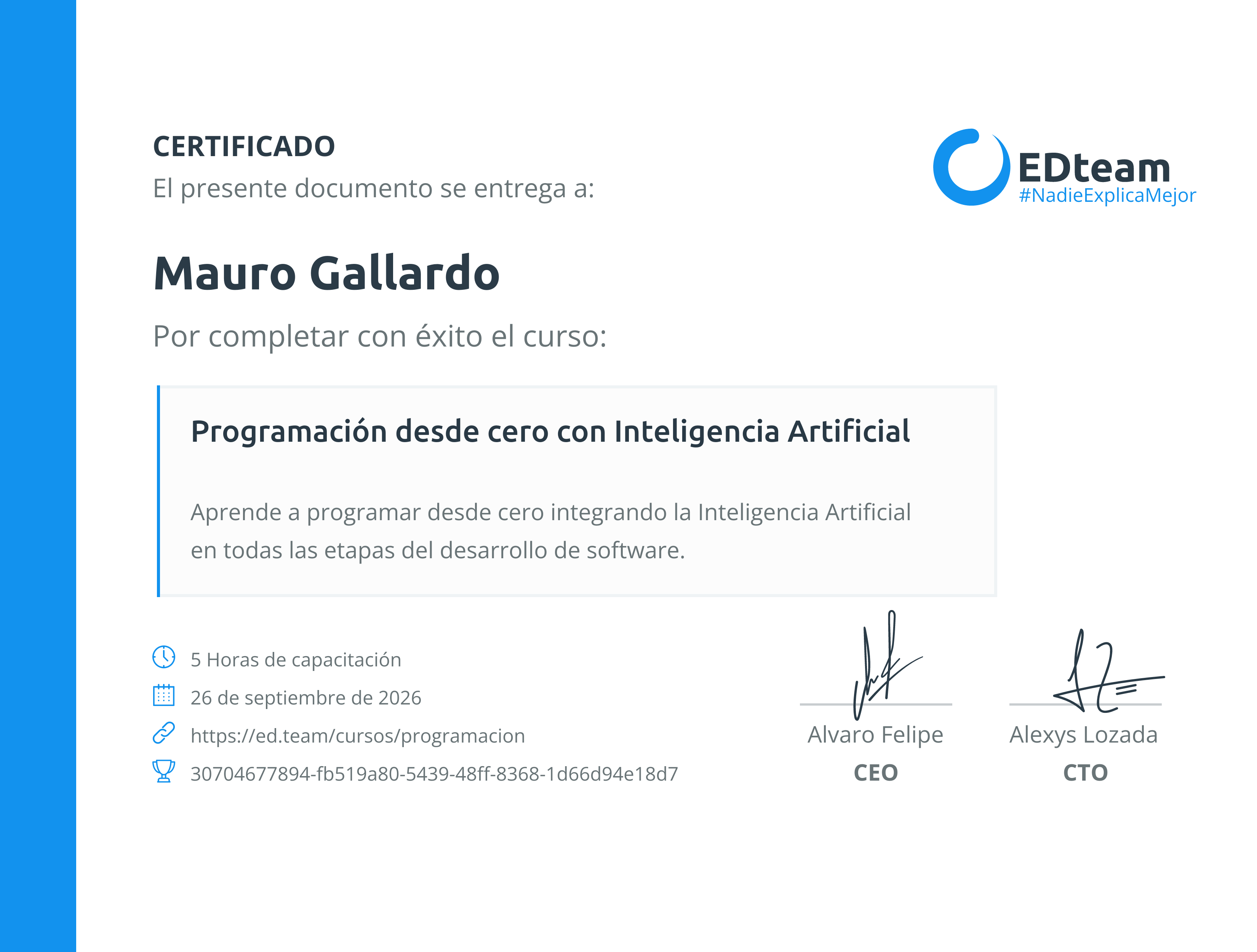 Certificado de Mauro Gallardo del curso Programación desde cero con Inteligencia Artificial