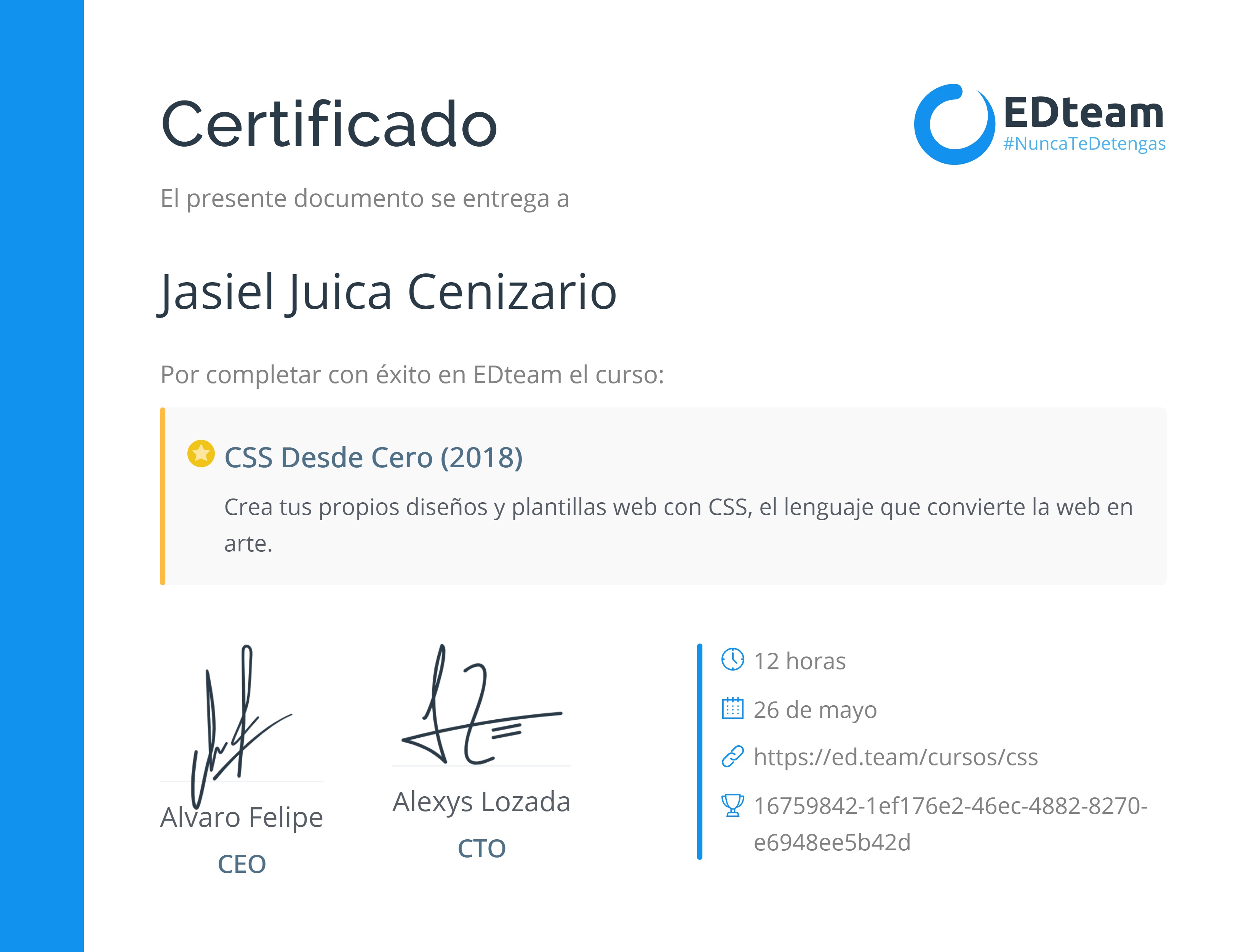 Certificado de Jasiel Juica del curso CSS Desde Cero (2018)