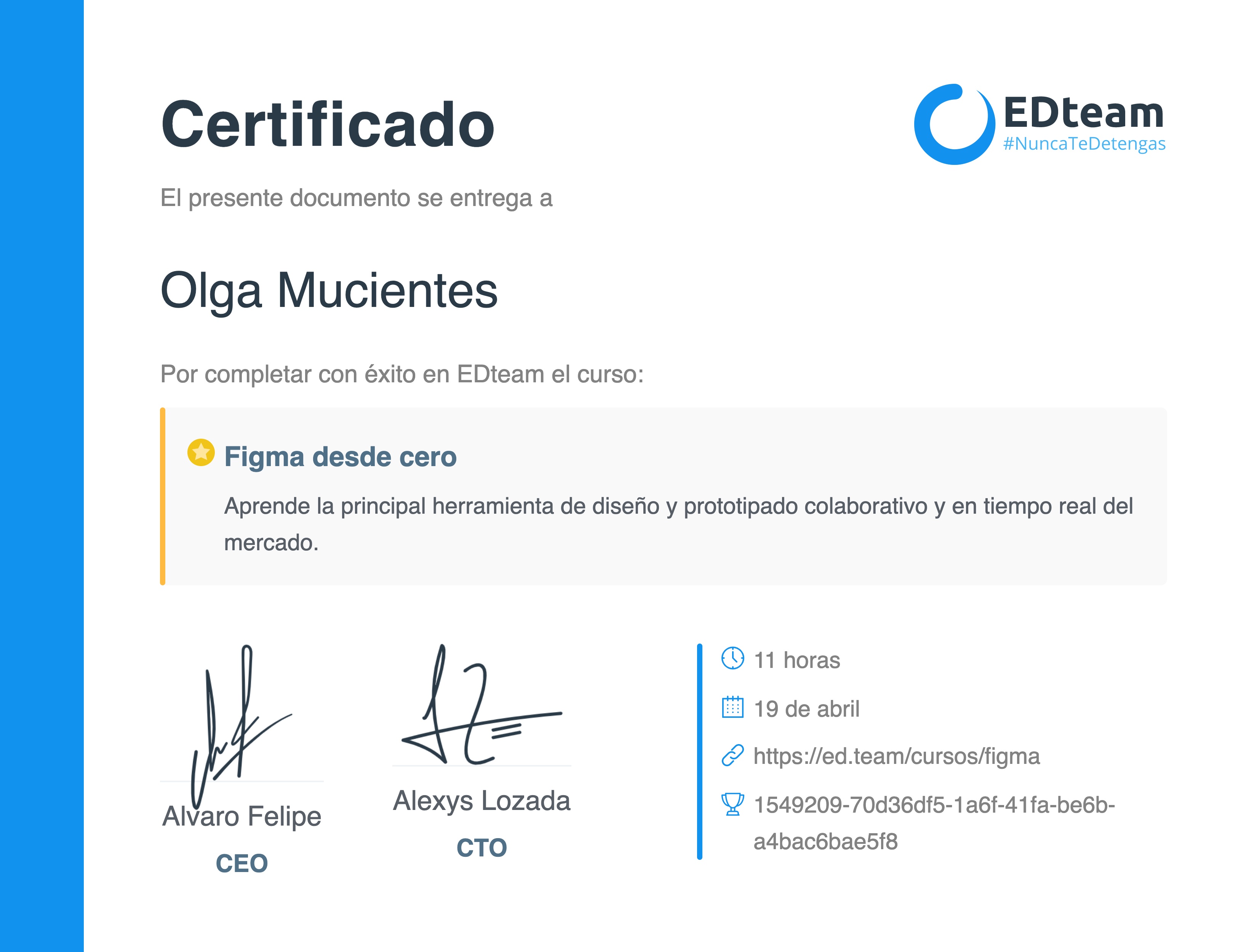 Certificado de Olga Mucientes del curso Figma desde cero (2019)