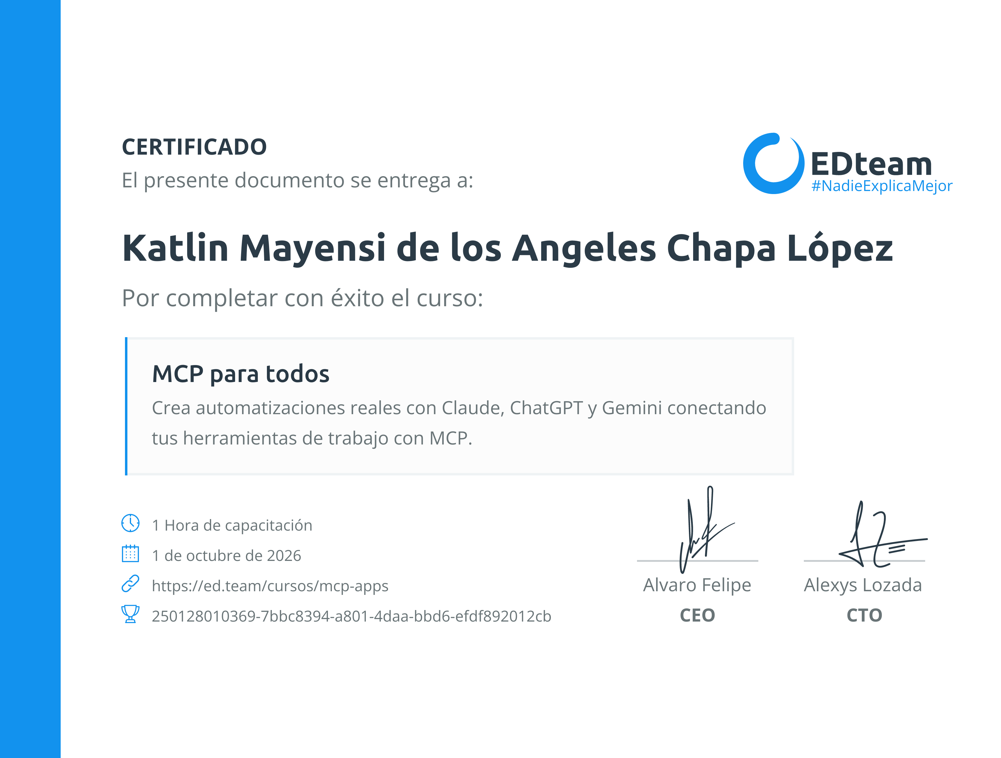 Certificado de Katlin Mayensi de los Angeles Chapa López del curso MCP para todos