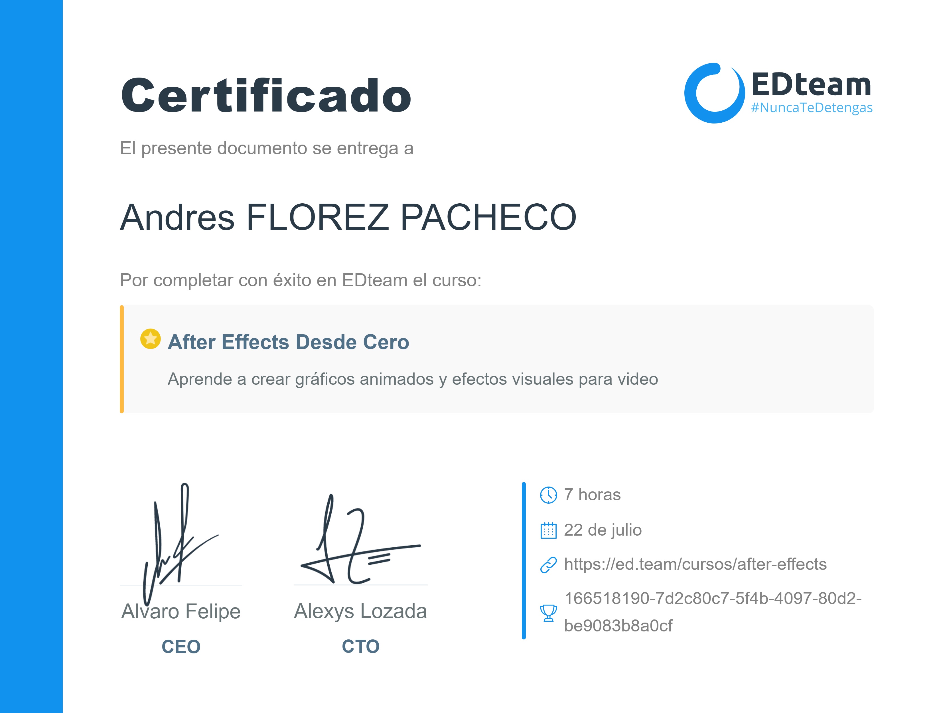 Certificado de Andres FLOREZ PACHECO del curso After Effects desde cero