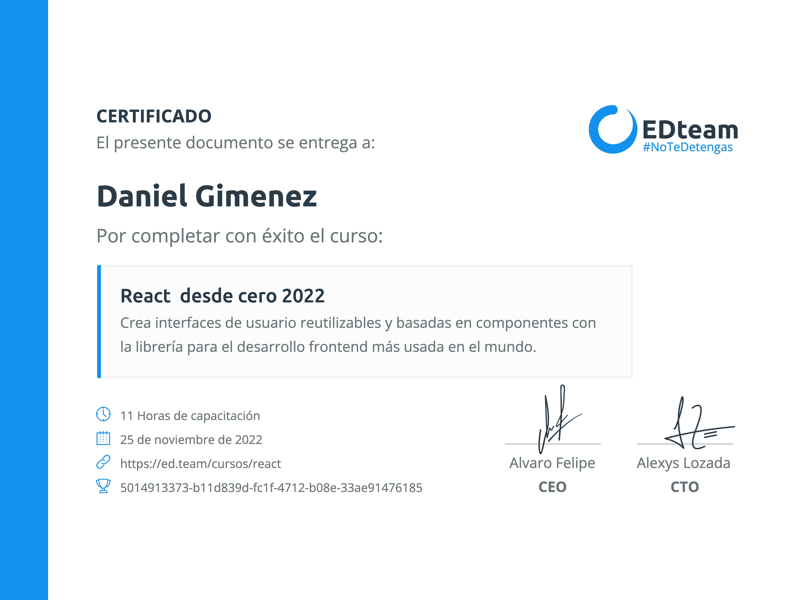 Certificado de Daniel Gimenez del curso React desde cero (2022)
