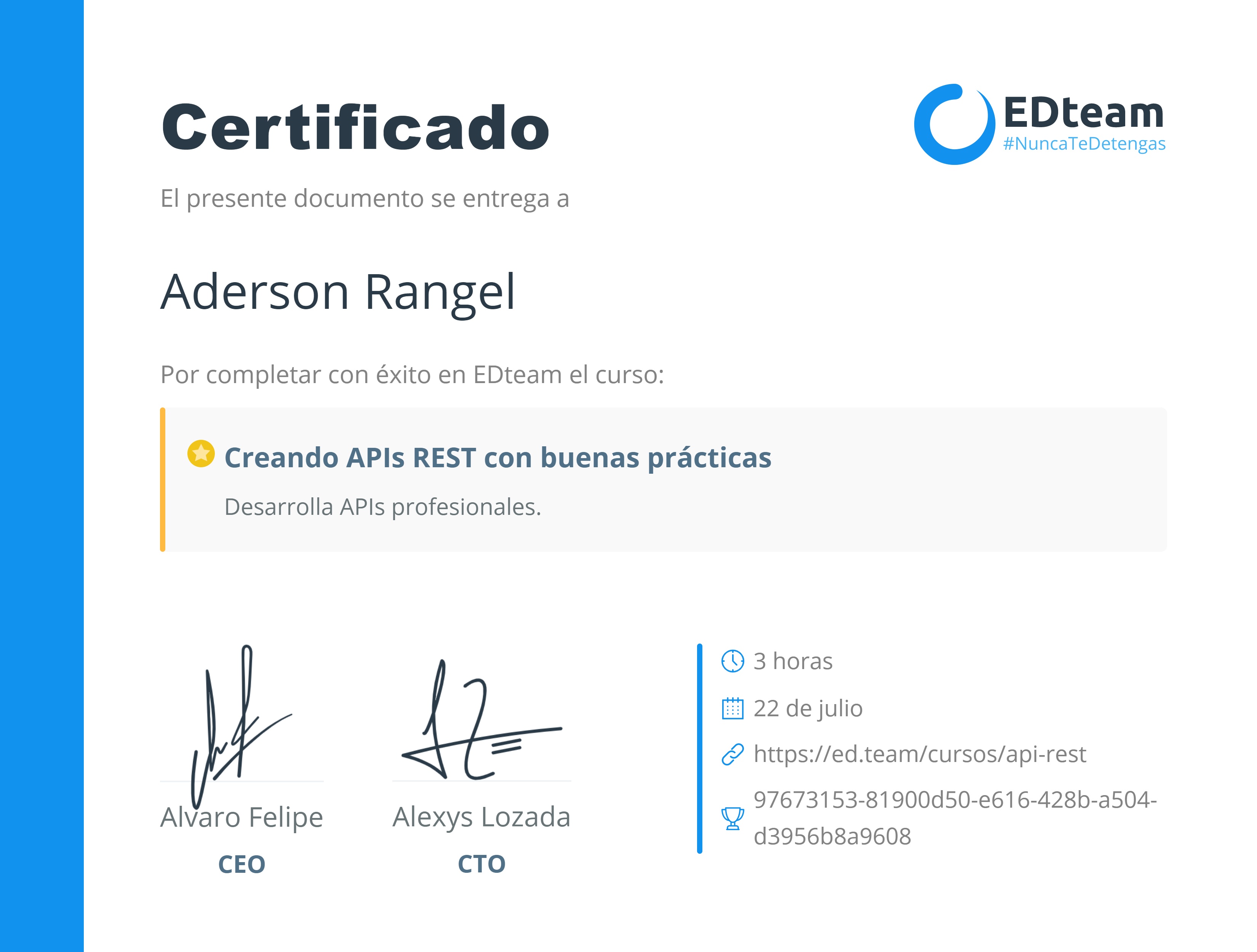 Certificado de Aderson Rangel del curso Creando APIs REST con buenas prácticas