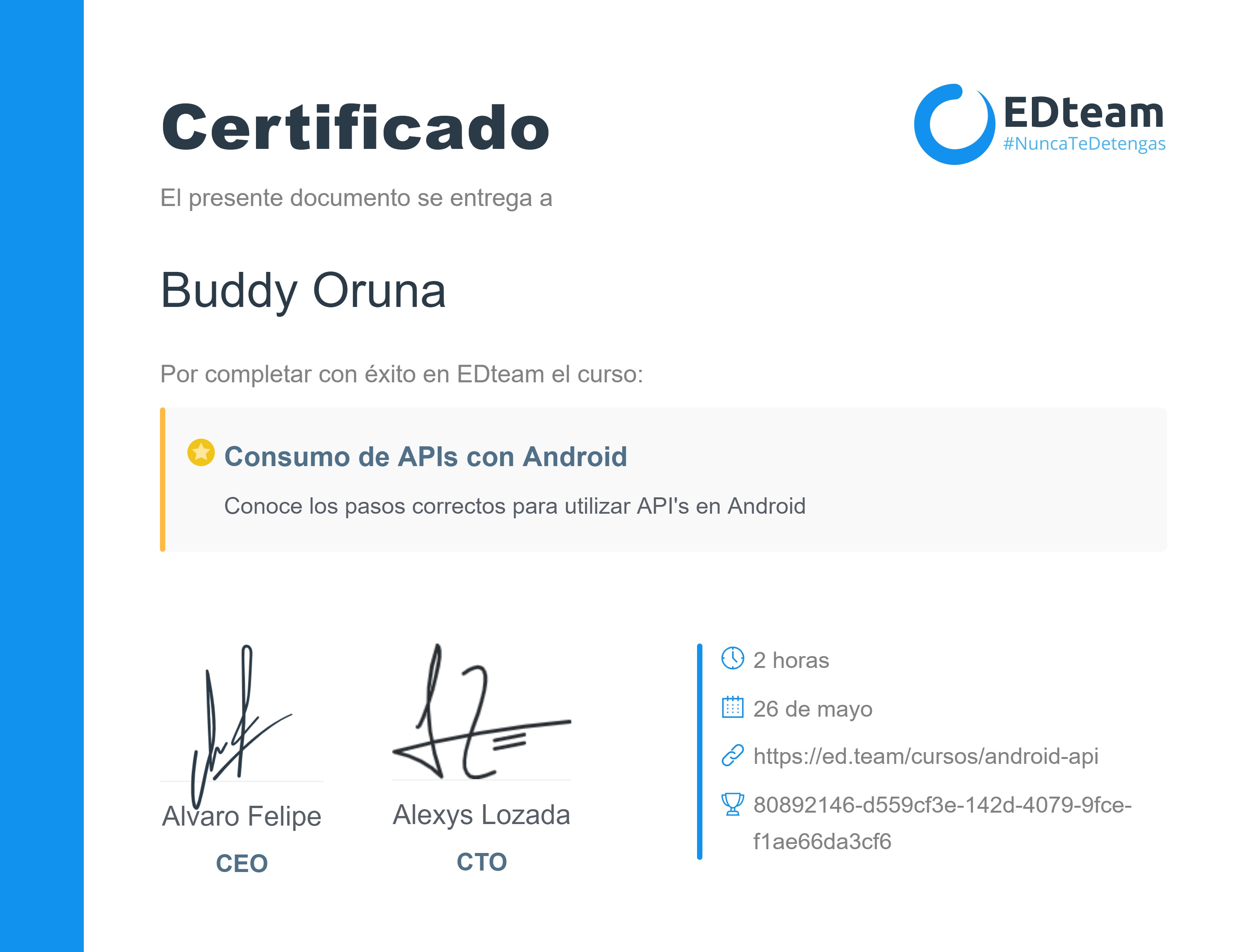 Certificado de Buddy Oruna del curso Consumo de APIs con Android