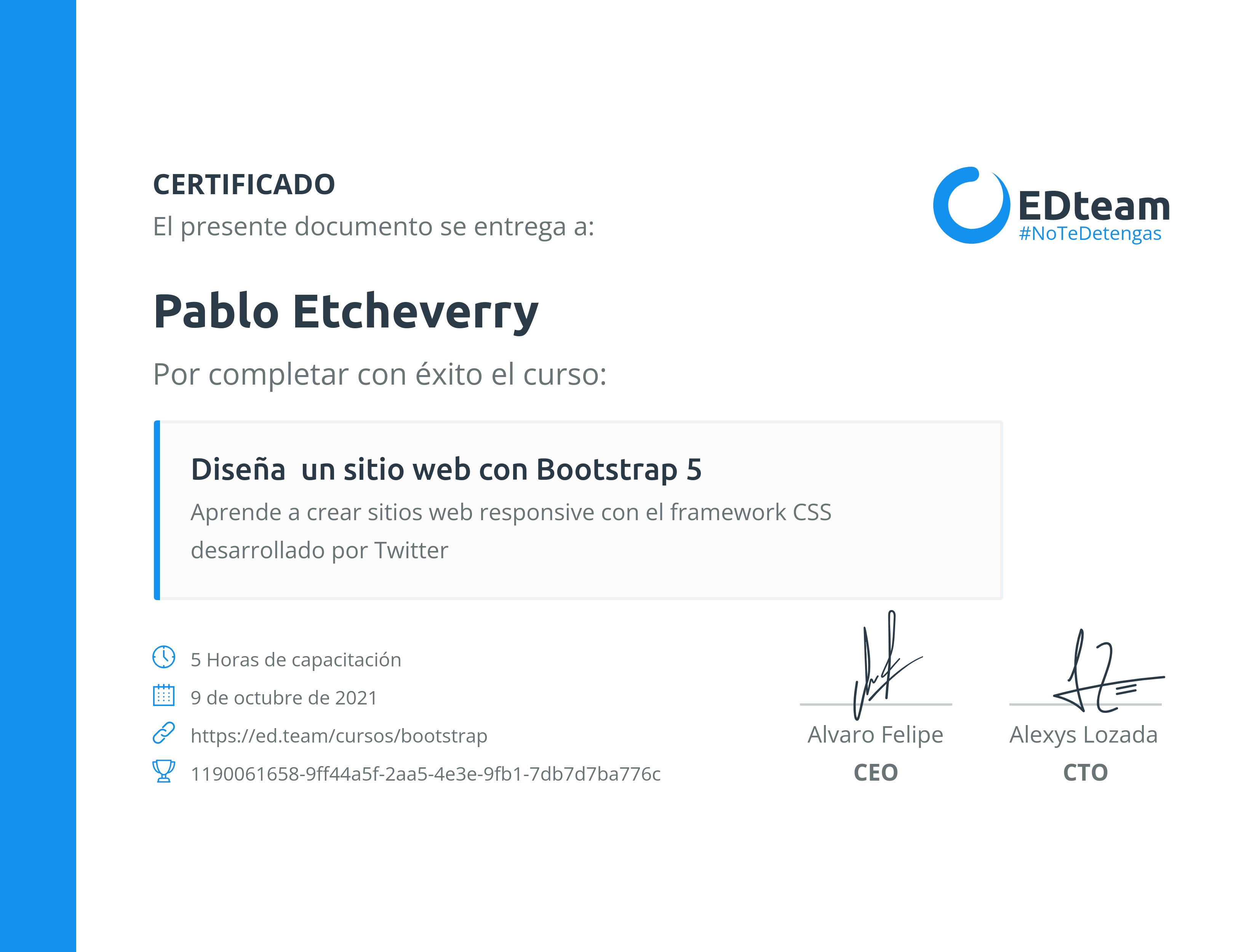 Certificado de Pablo Etcheverry del curso Diseña un sitio web con Bootstrap 5