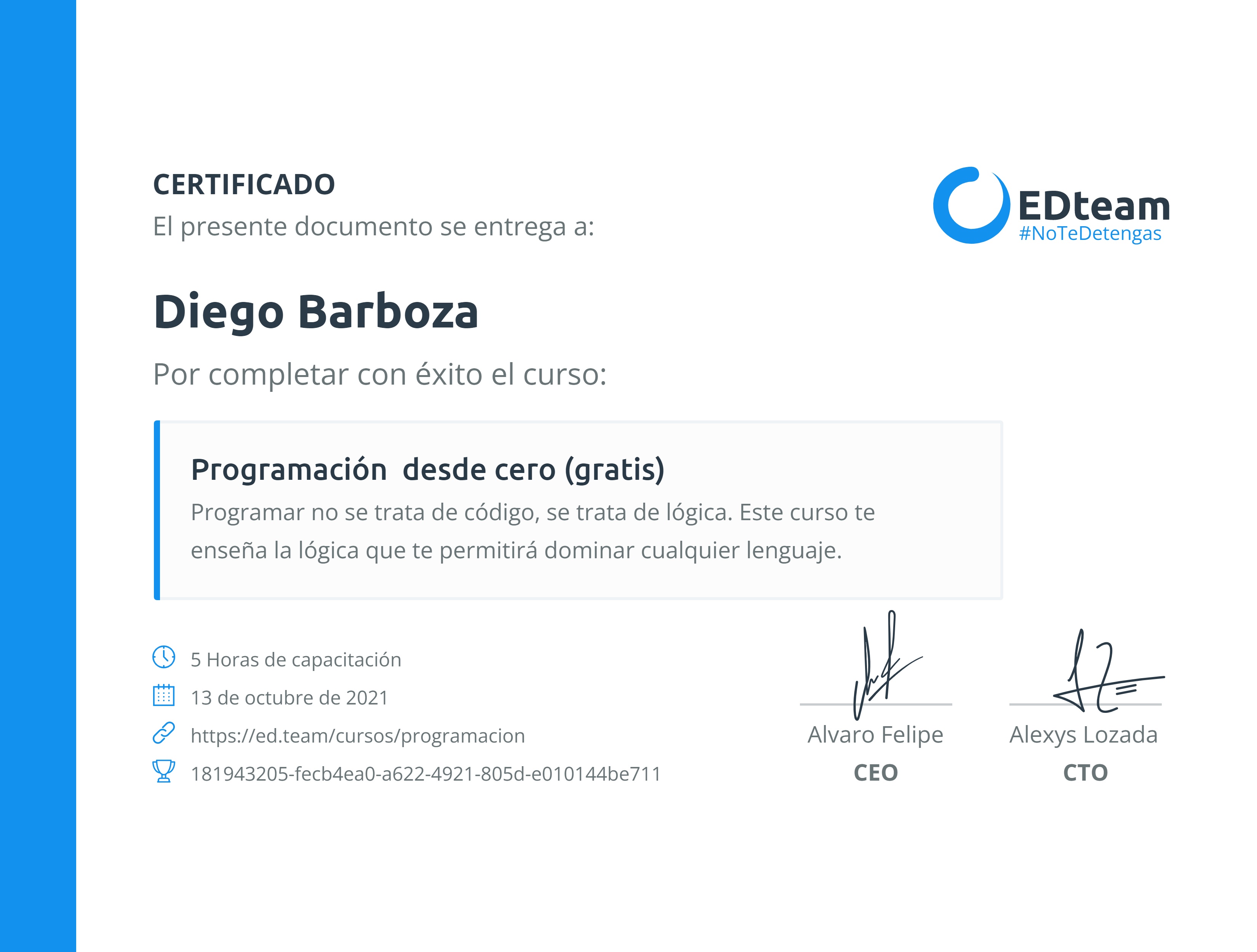 Certificado de Diego Barboza del curso Programación desde cero (2019)