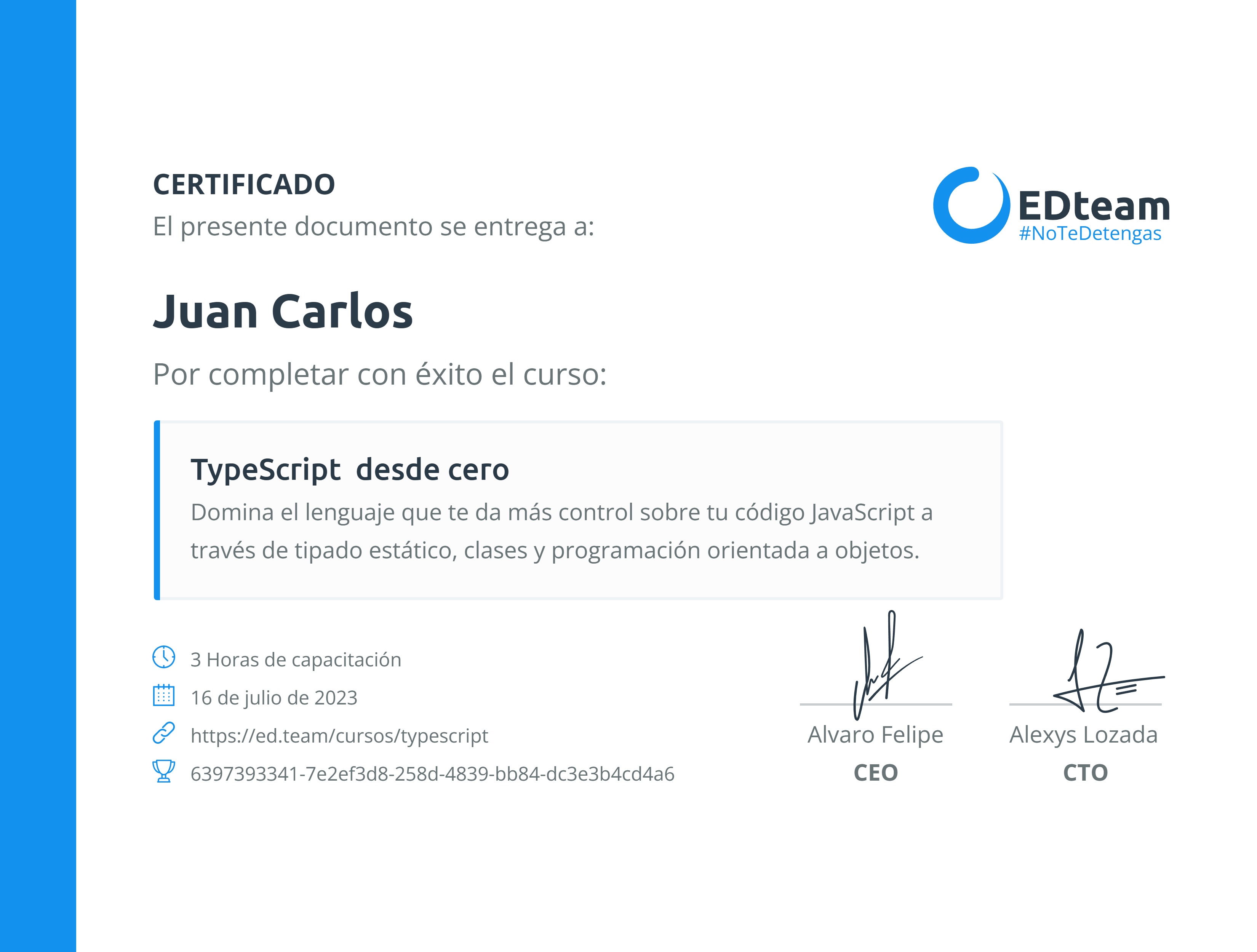 Certificado de Juan Carlos del curso TypeScript desde cero