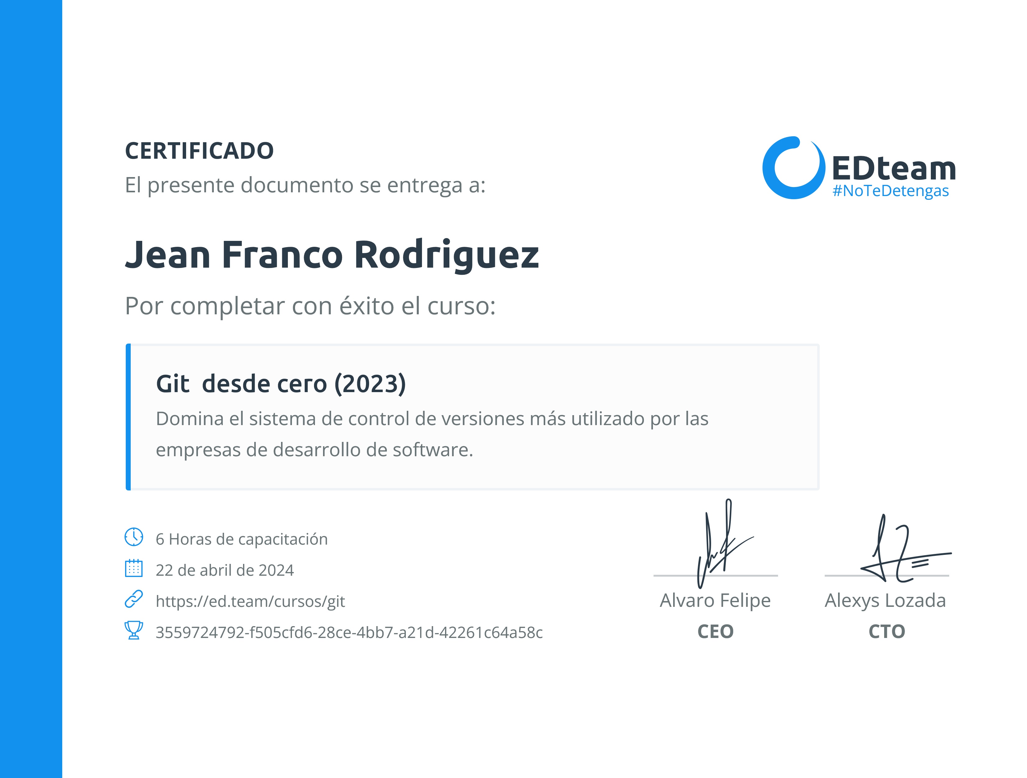 Certificado de Jean Franco Rodriguez del curso Git desde cero (2023)