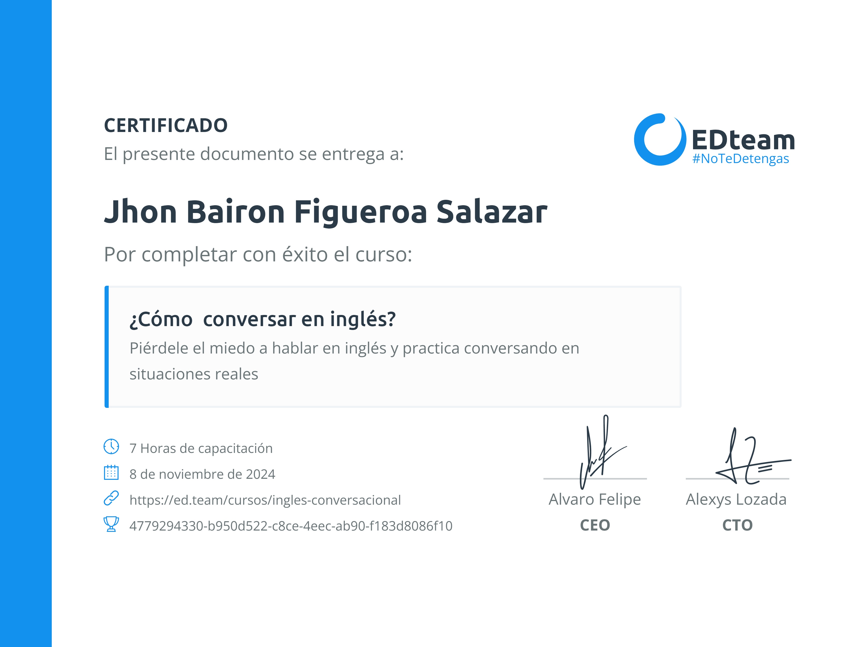 Certificado de Jhon Bairon Figueroa Salazar del curso ¿Cómo conversar en inglés?