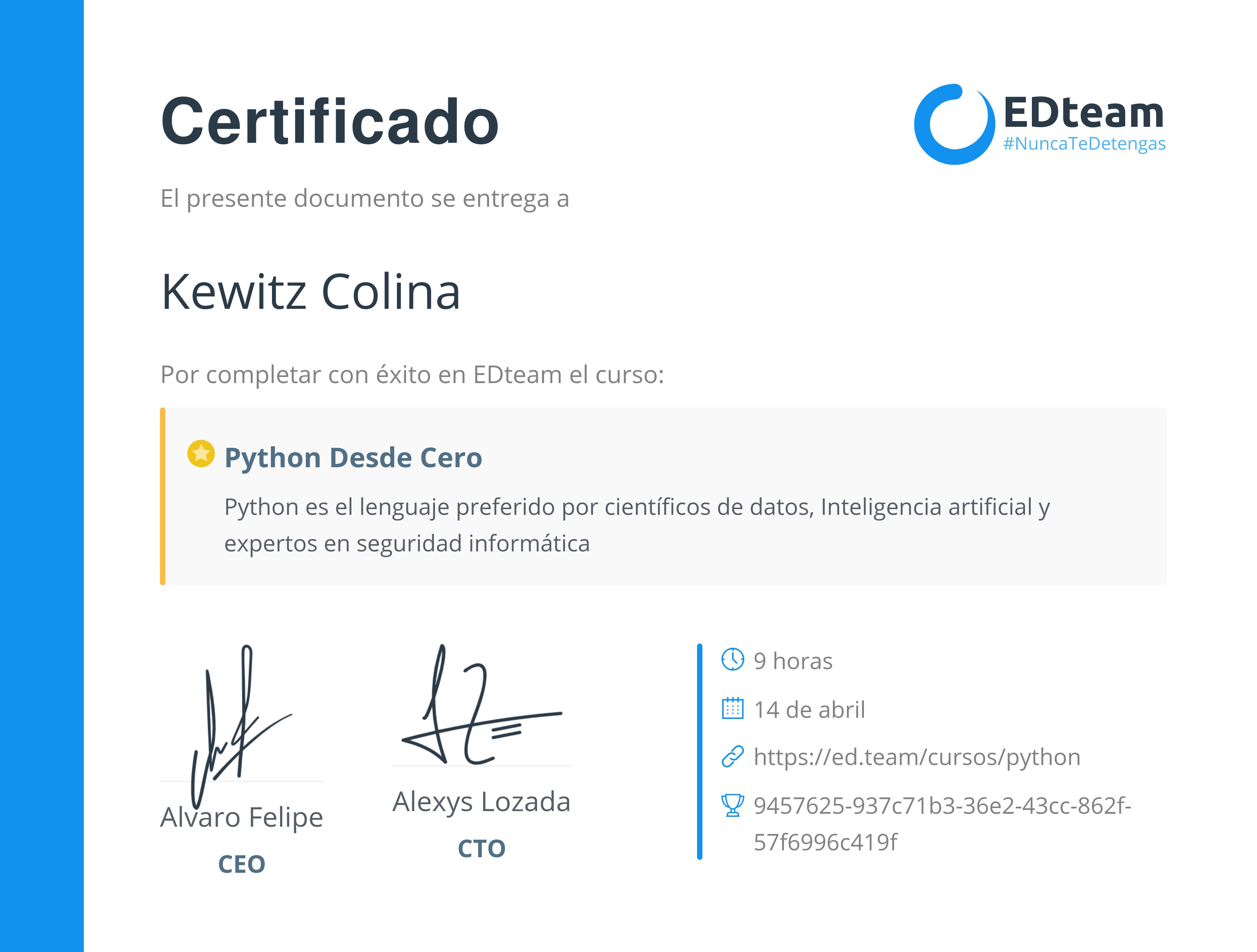 Certificado de Kewitz Colina del curso Python Desde Cero (2017)