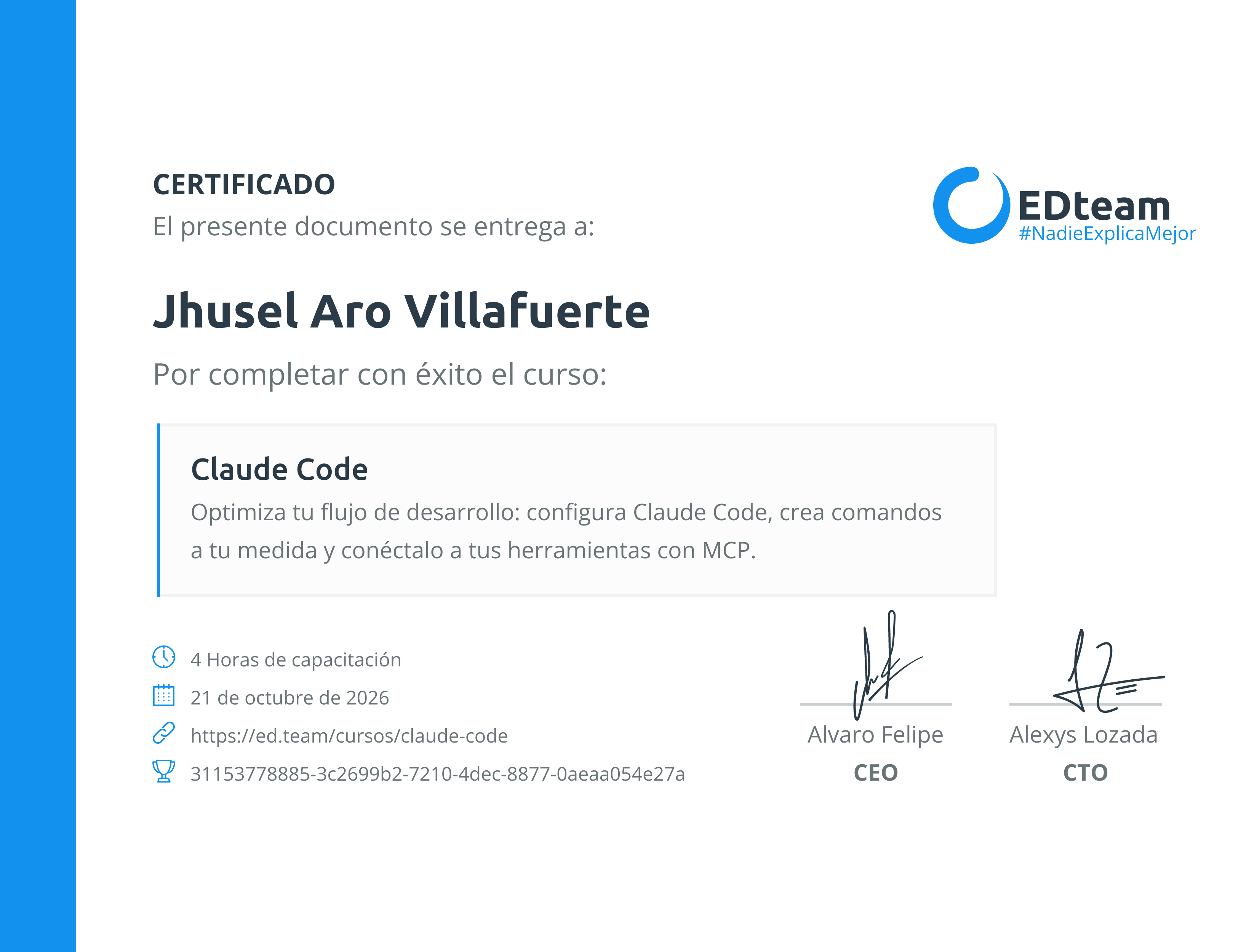 Certificado de Jhusel Aro Villafuerte del curso Claude Code