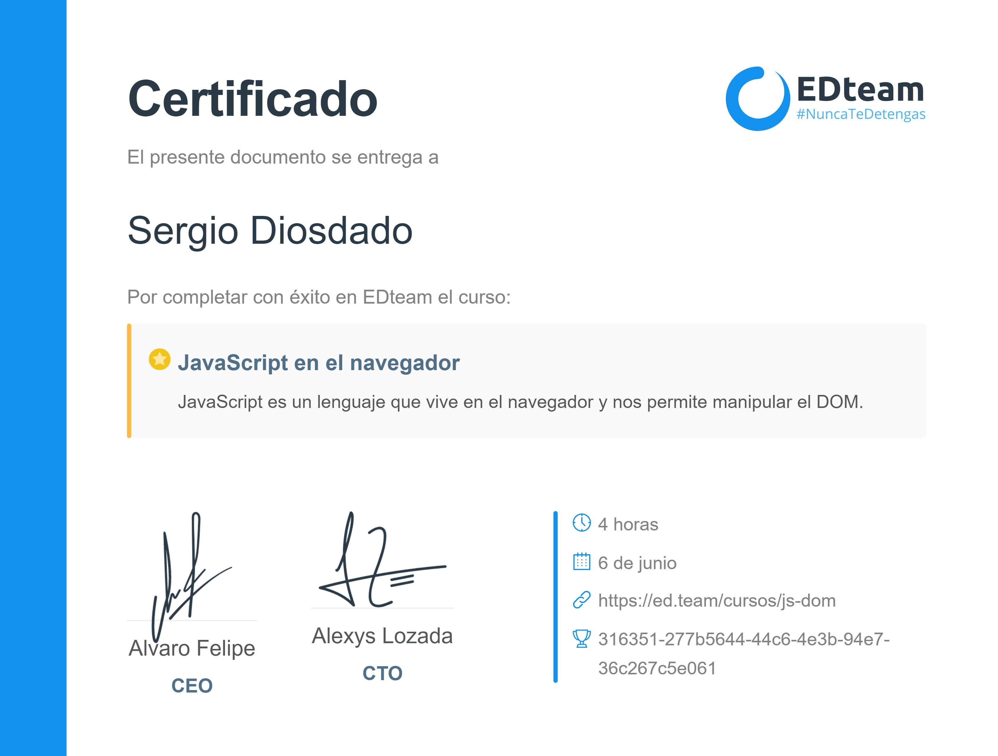 Certificado de Sergio Diosdado del curso JavaScript en el navegador