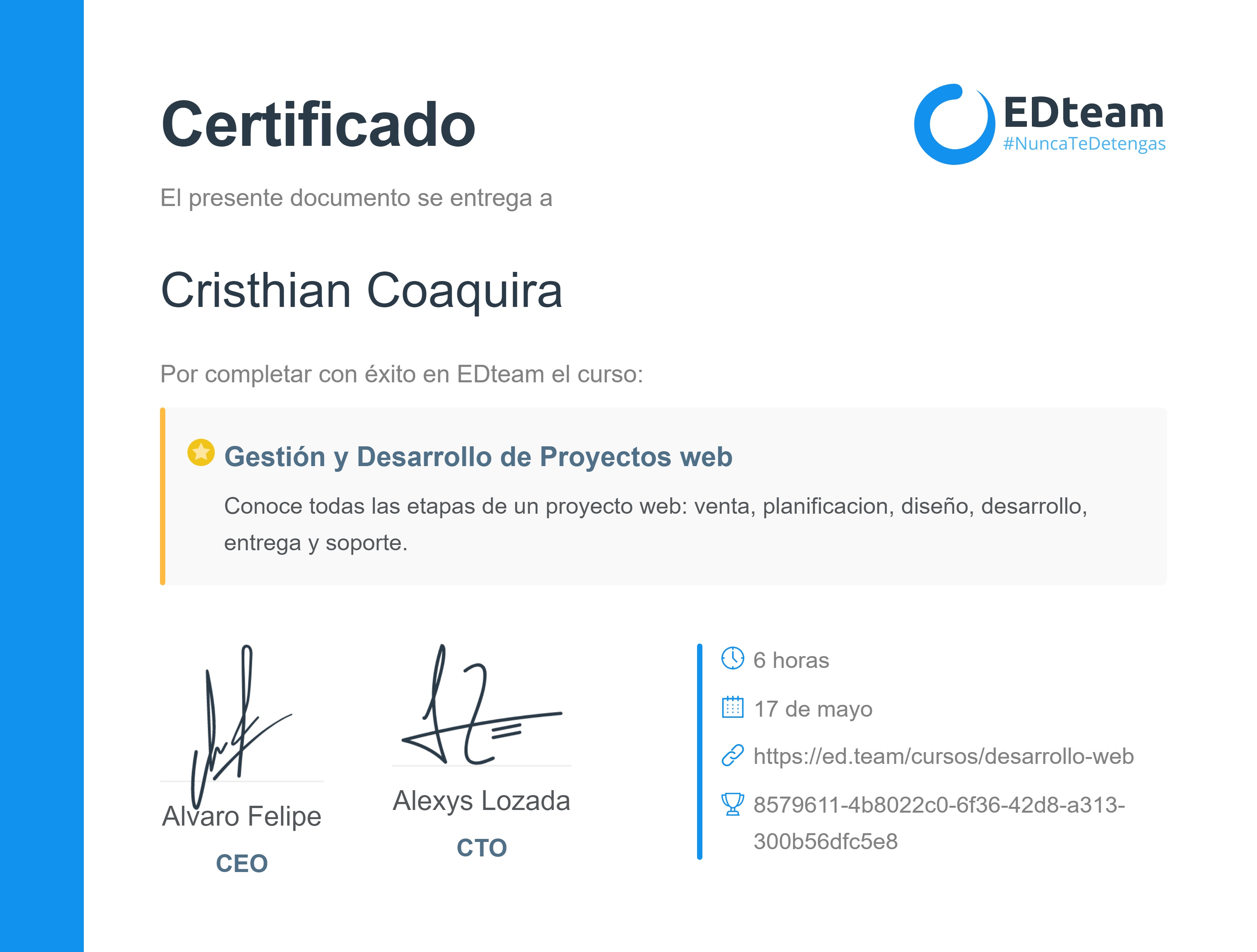 Certificado de Cristhian Coaquira del curso Gestión y Desarrollo de Proyectos web