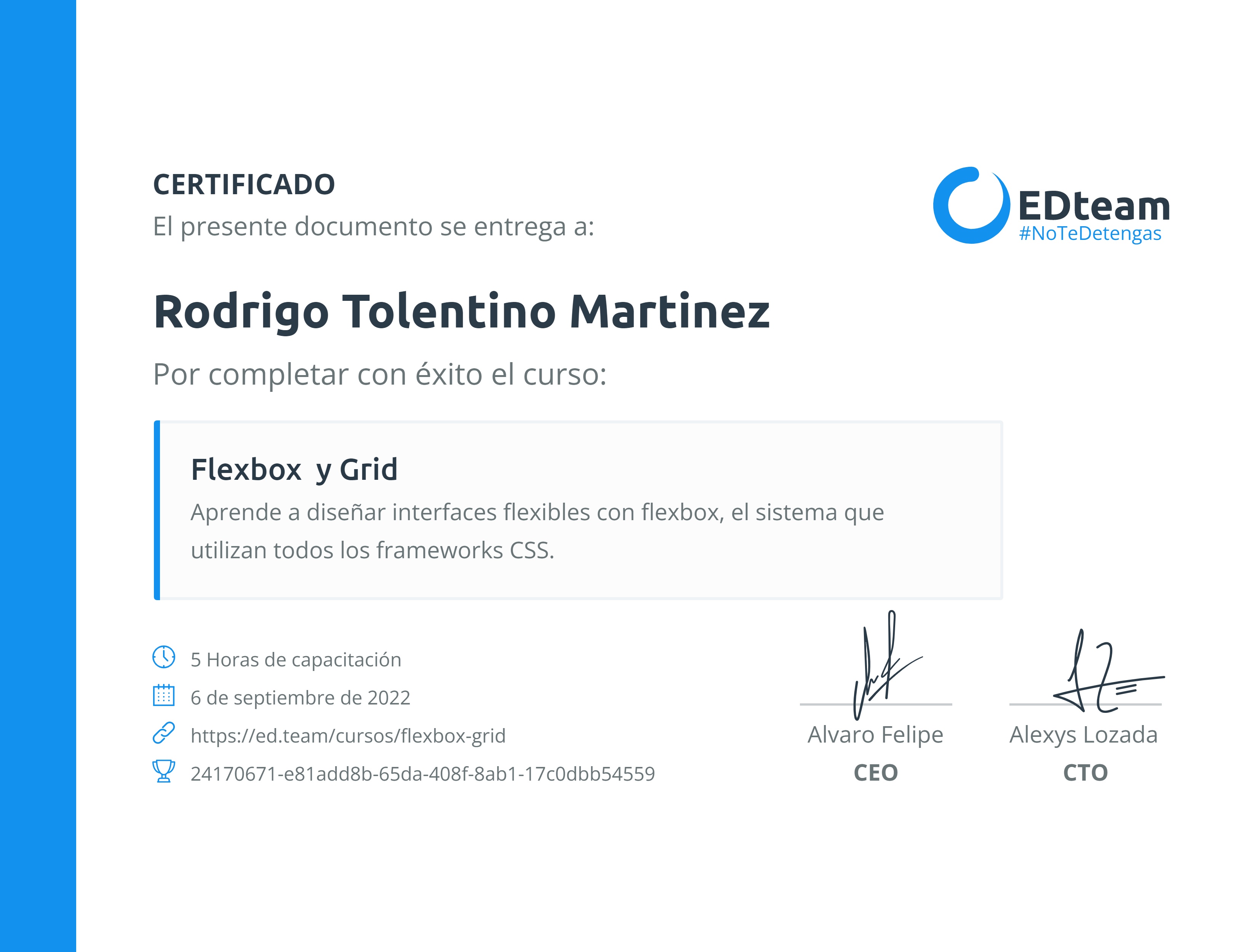 Certificado de Rodrigo Tolentino Martinez del curso Flexbox y Grid