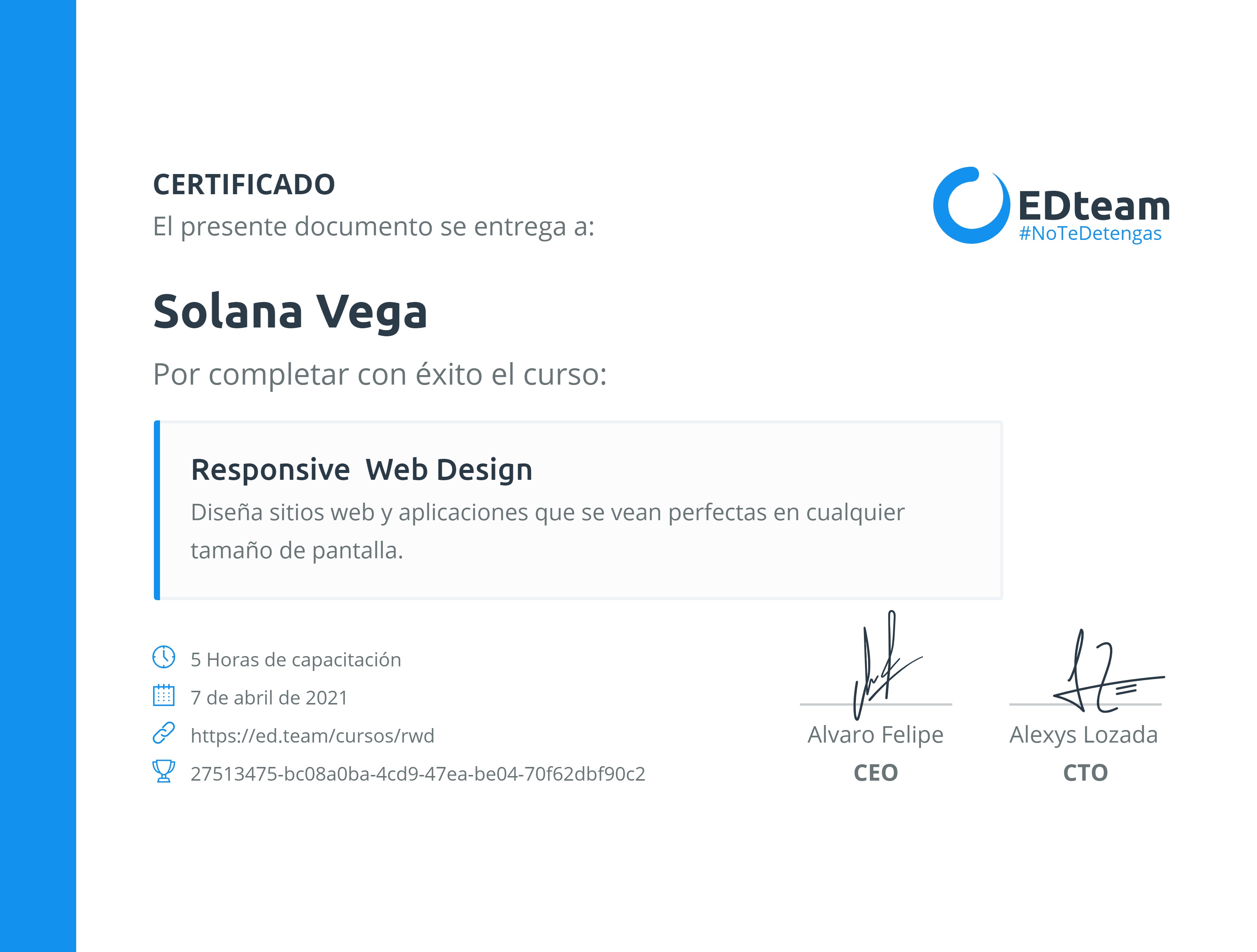 Certificado de Solana Vega del curso Responsive Web Design