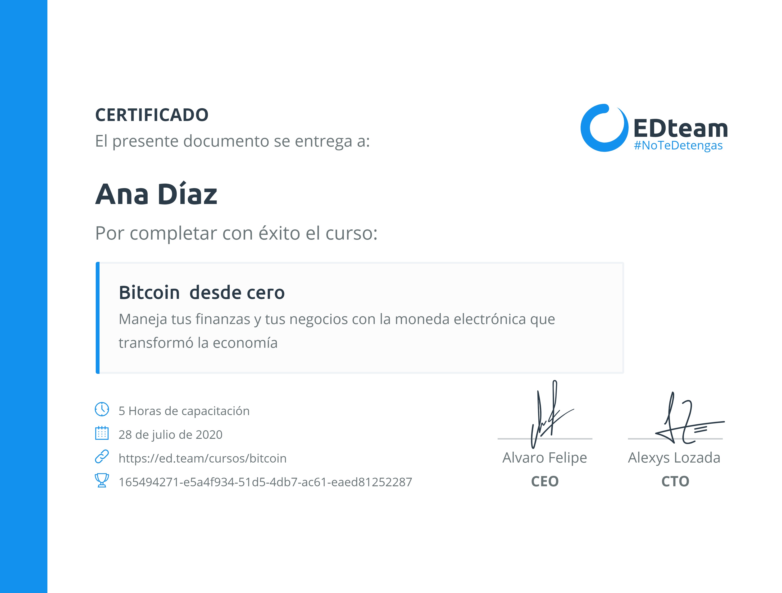 Certificado de Ana Díaz del curso Bitcoin desde cero | EDteam