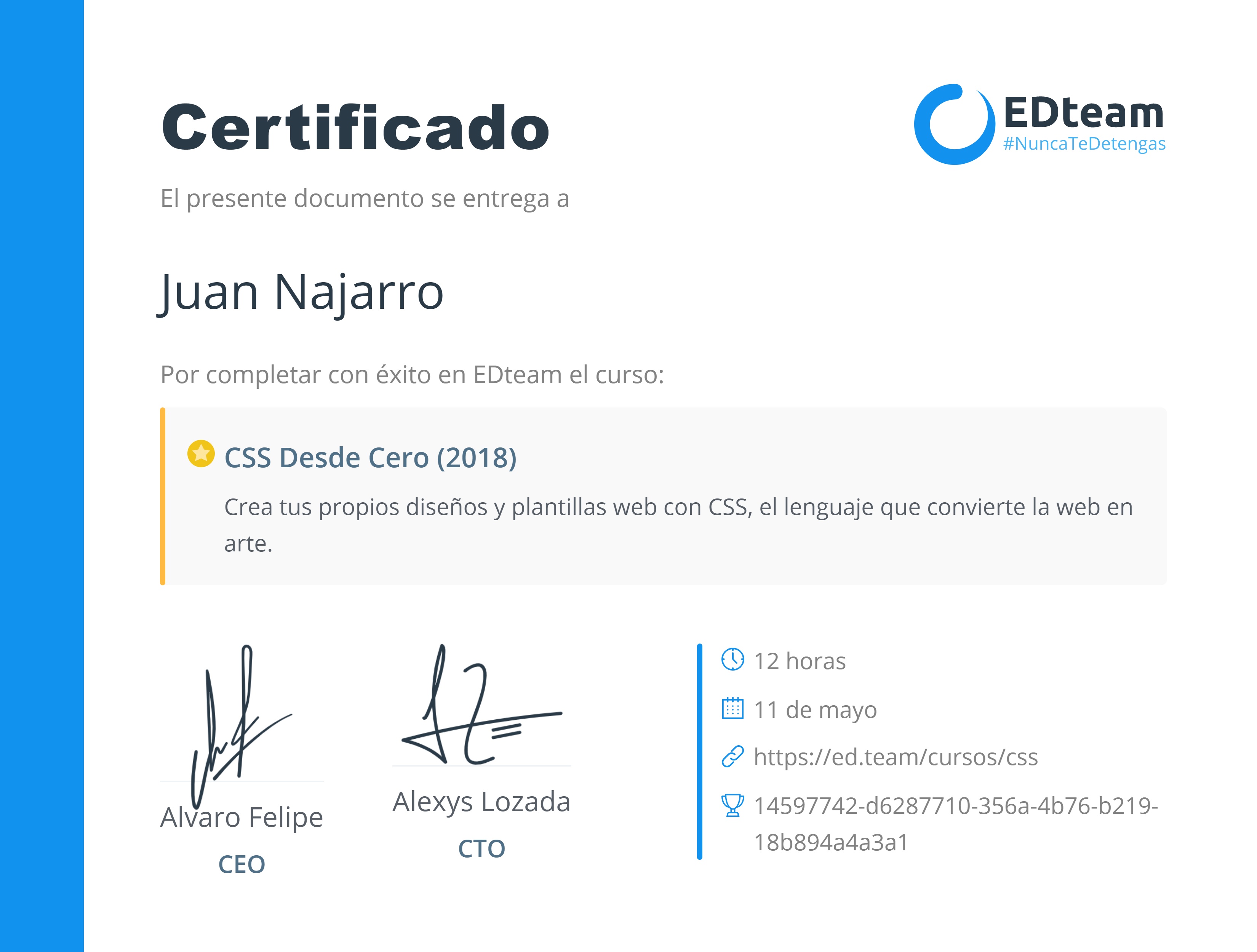 Certificado de Juan Najarro del curso CSS Desde Cero (2018)
