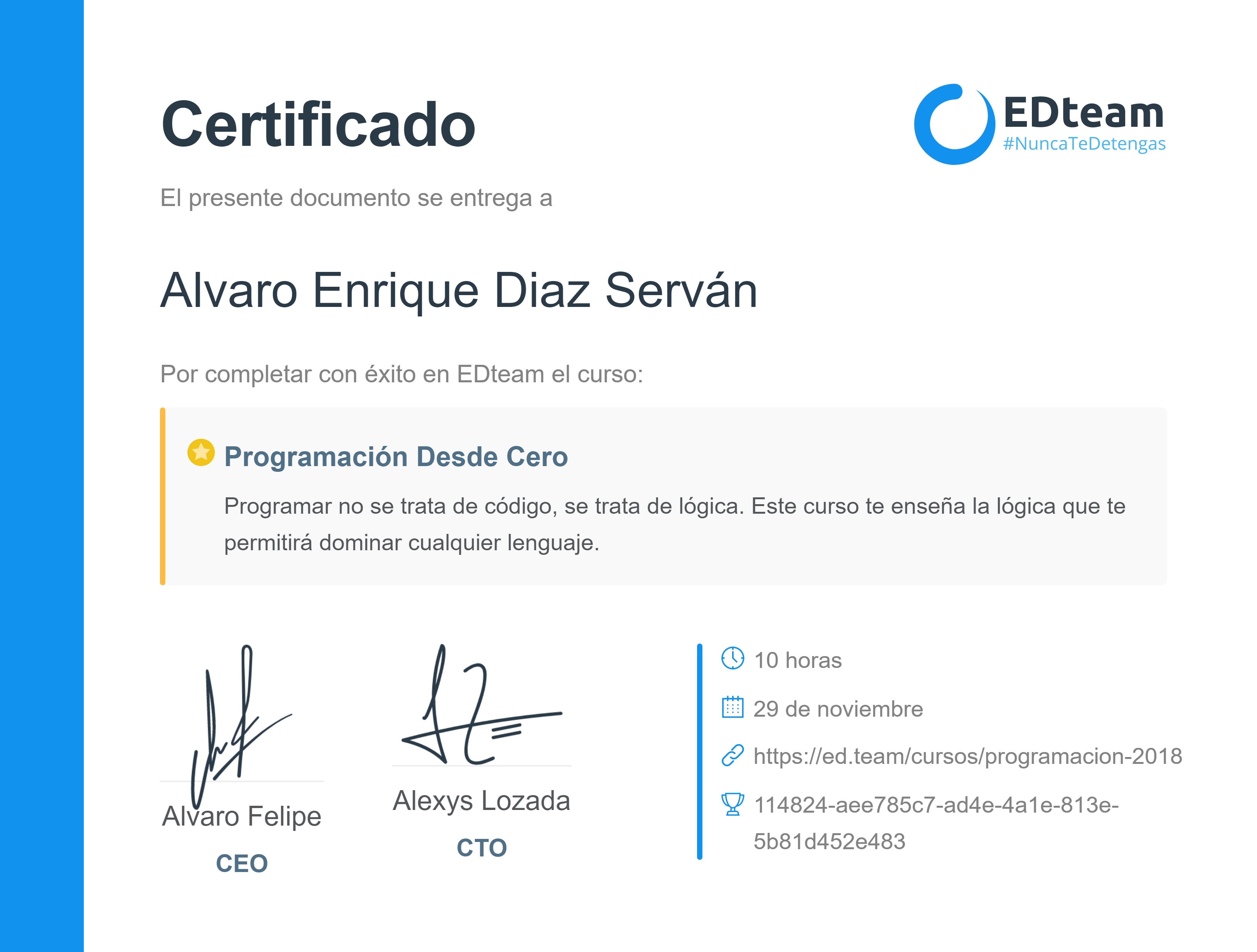 Certificado de Alvaro Enrique del curso Programación Desde Cero (2017)