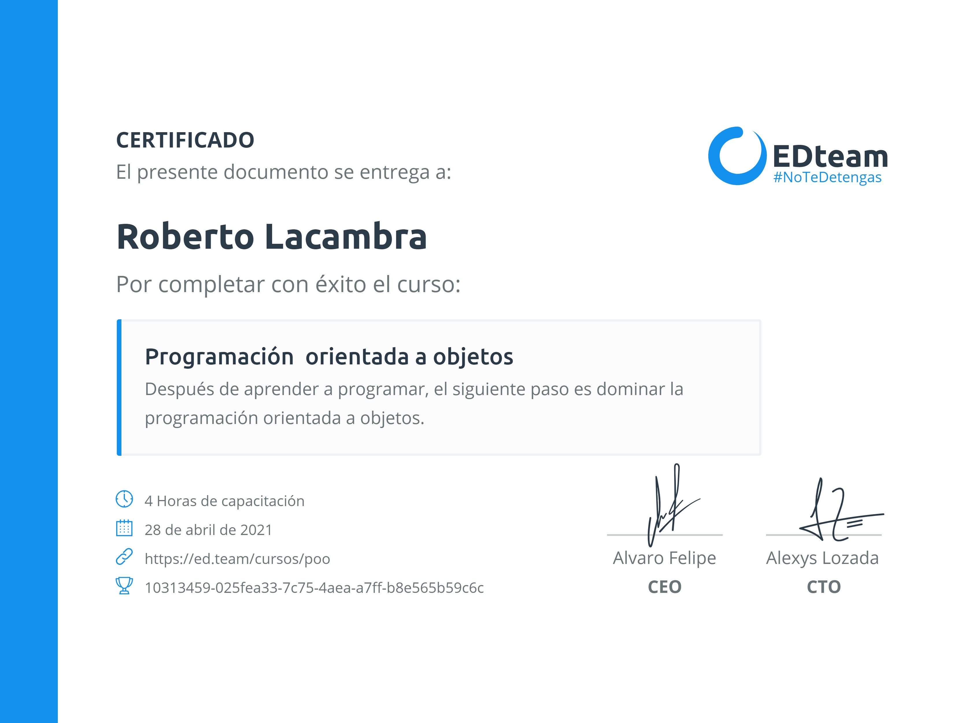 Certificado de Roberto Lacambra del curso Programación orientada a objetos