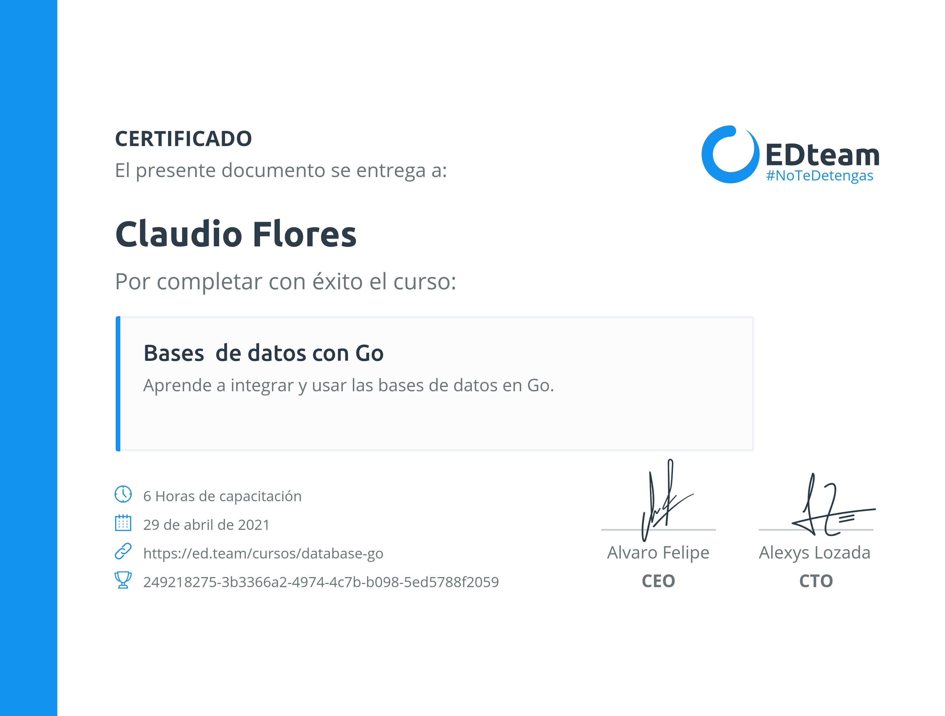 Certificado de Claudio Flores del curso Bases de datos con Go