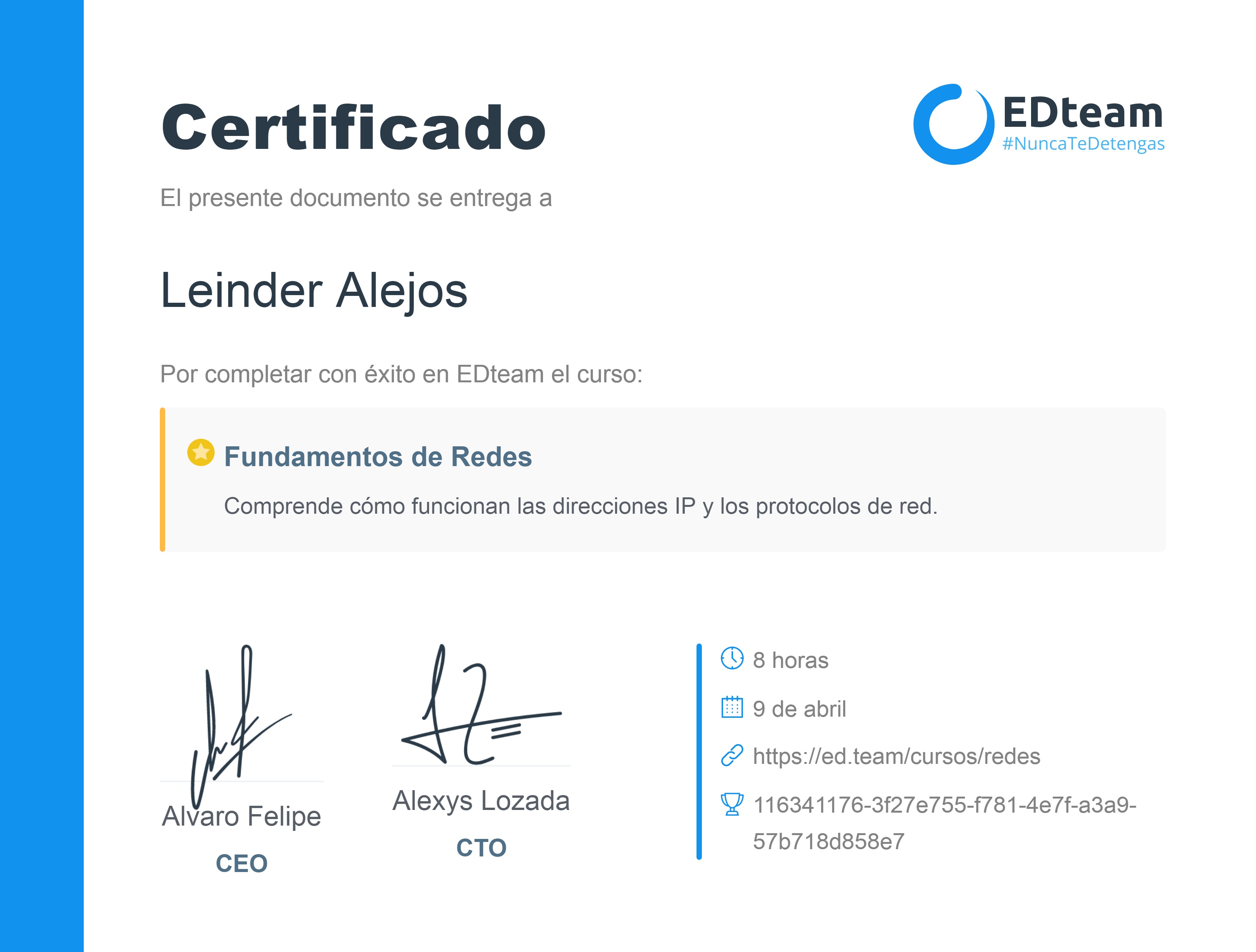 Certificado de Leinder Alejos del curso Fundamentos de Redes 2019