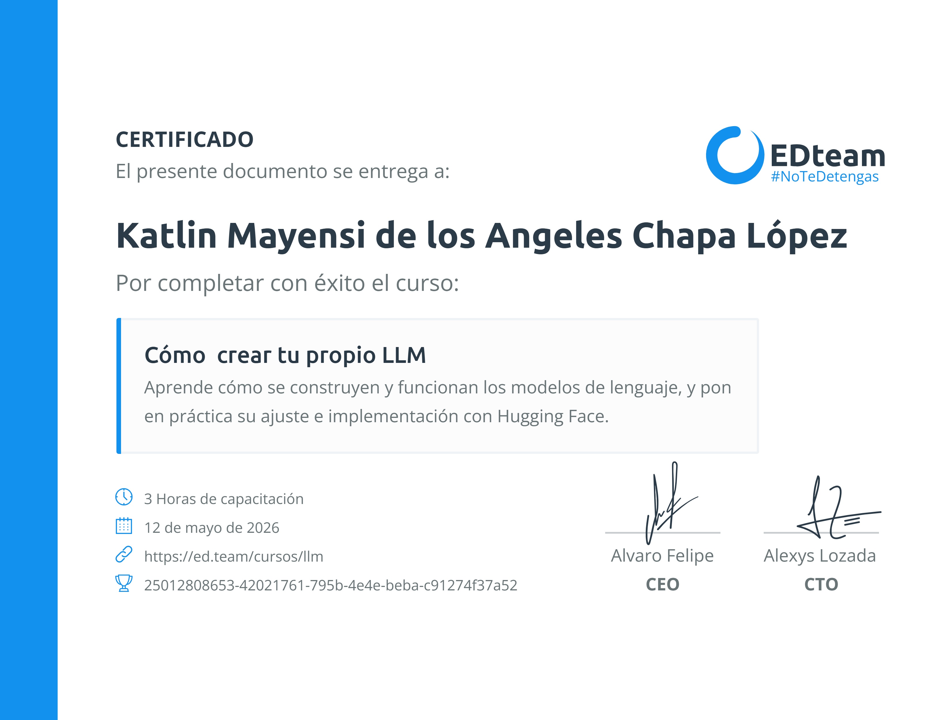 Certificado de Katlin Mayensi de los Angeles Chapa López del curso Cómo crear tu propio LLM