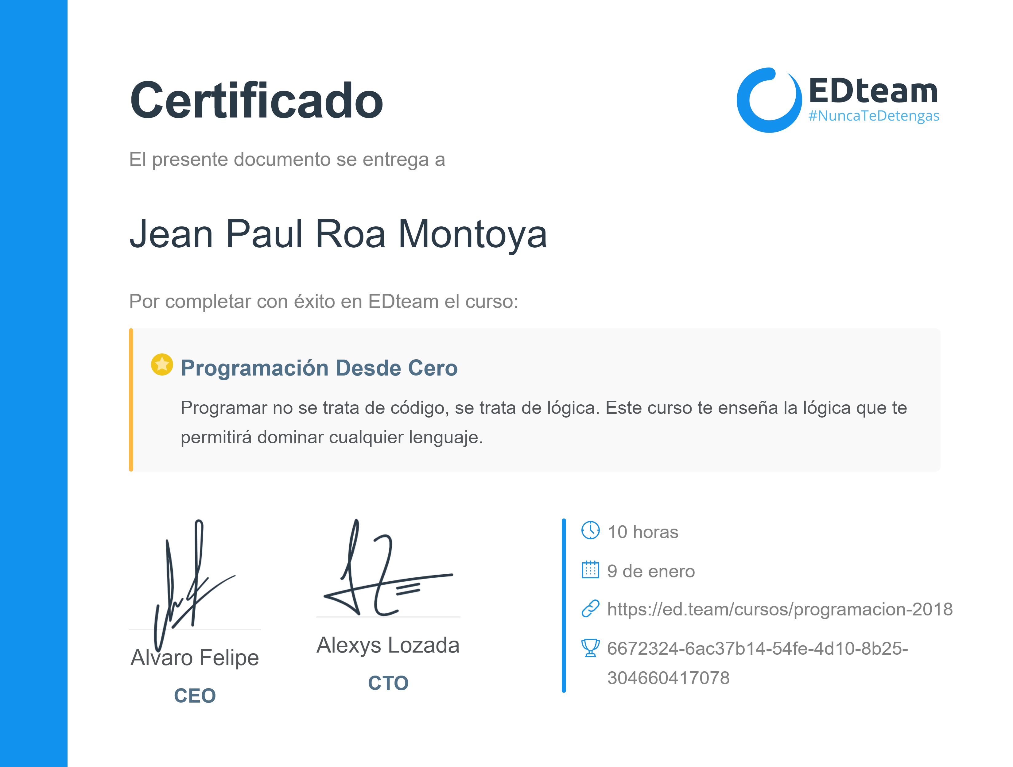 Certificado de Jean Paul Roa Montoya del curso Programación Desde Cero (2017)