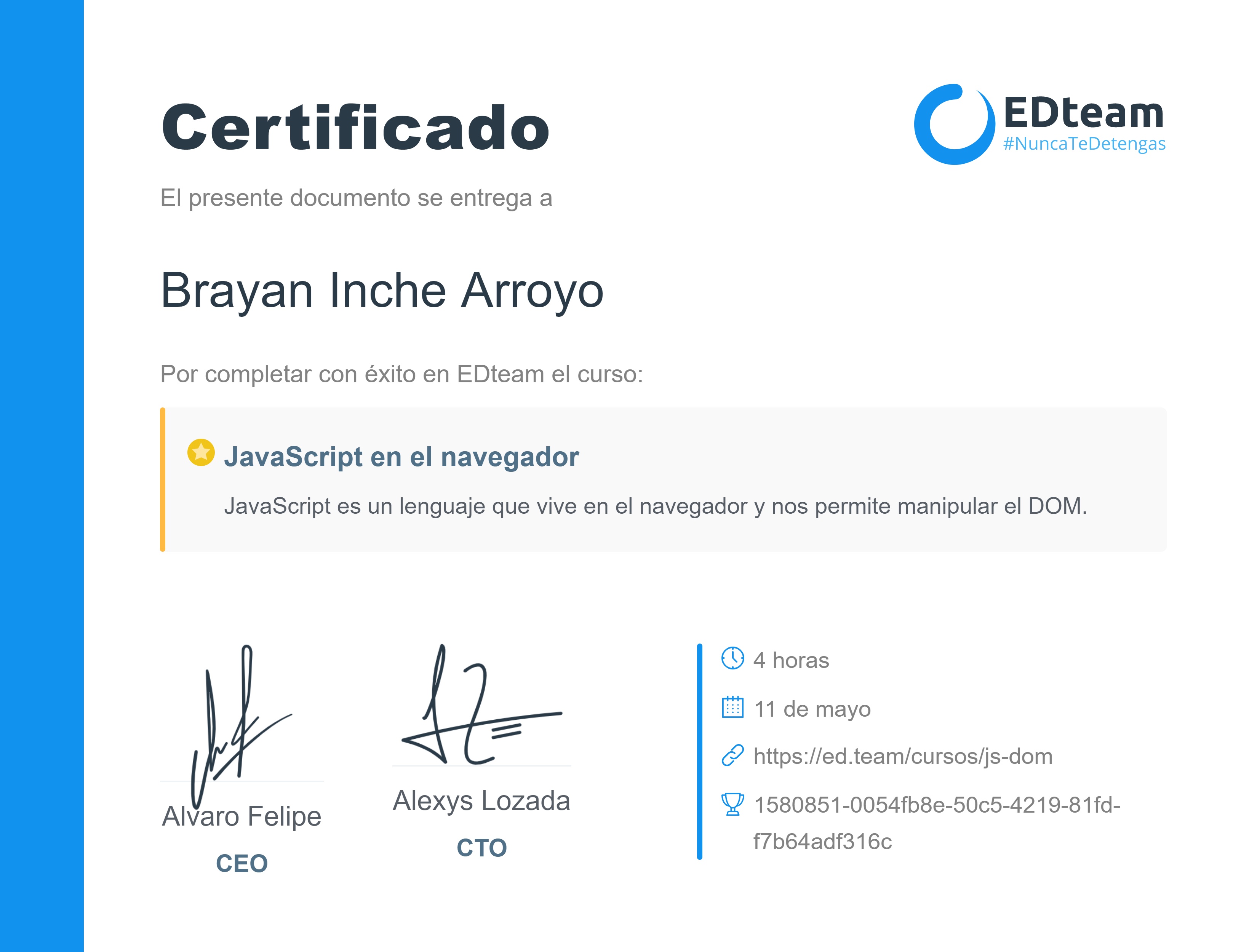 Certificado de Brayan Inche Arroyo del curso JavaScript en el navegador