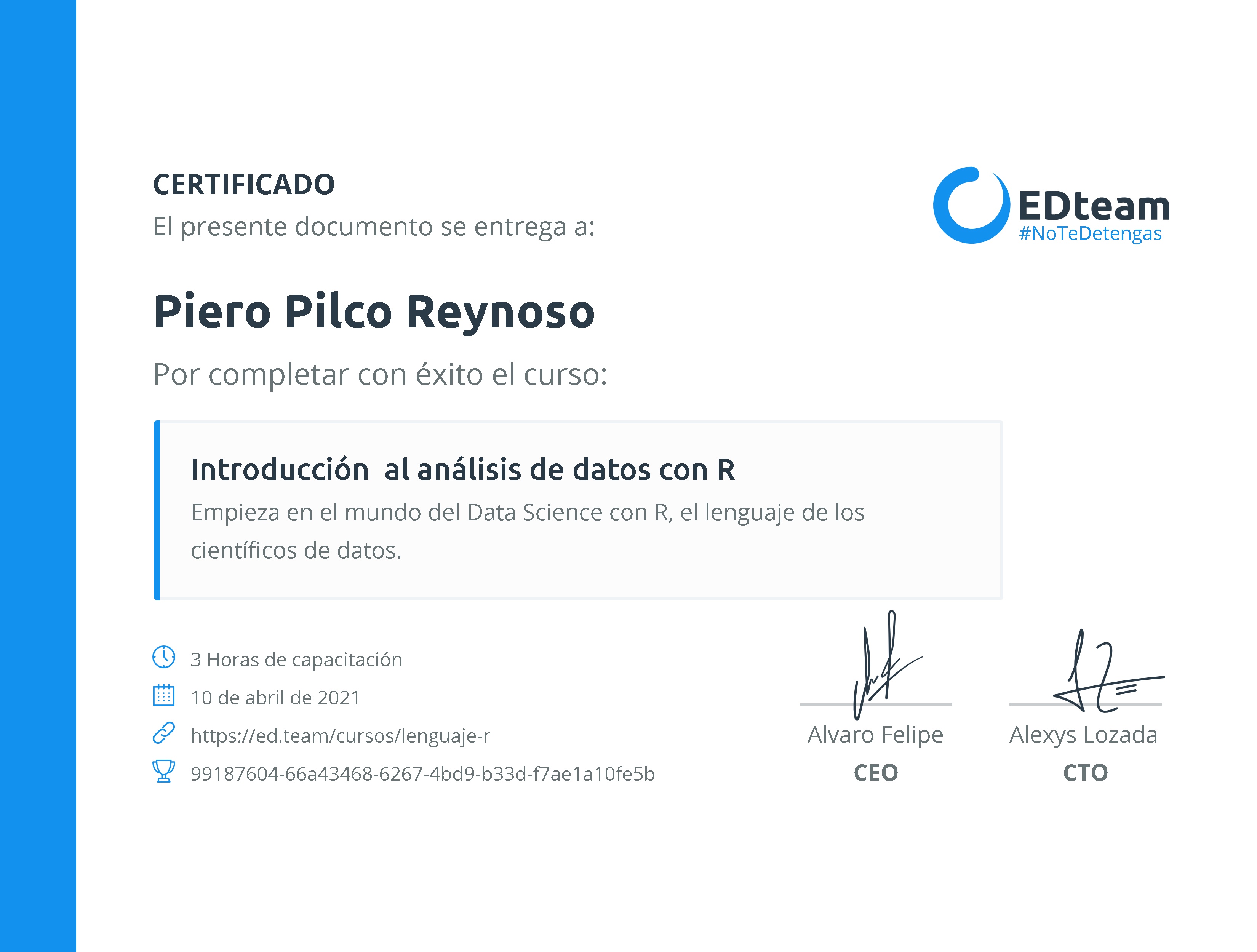 Certificado de Piero Pilco Reynoso del curso Introducción al análisis de datos con R