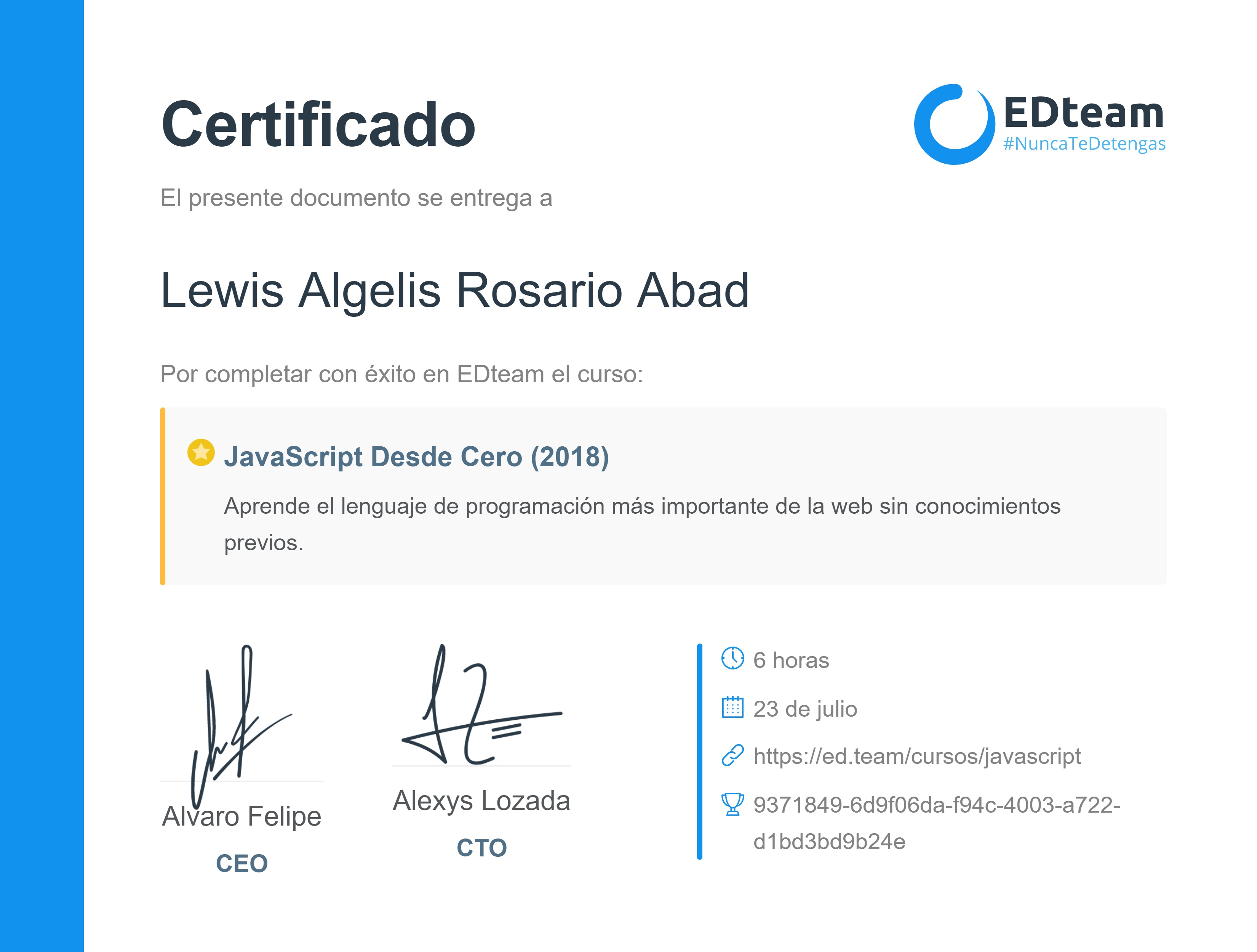 Certificado de Lewis Algelis Rosario Abad del curso JavaScript Desde Cero (gratis) (2018)