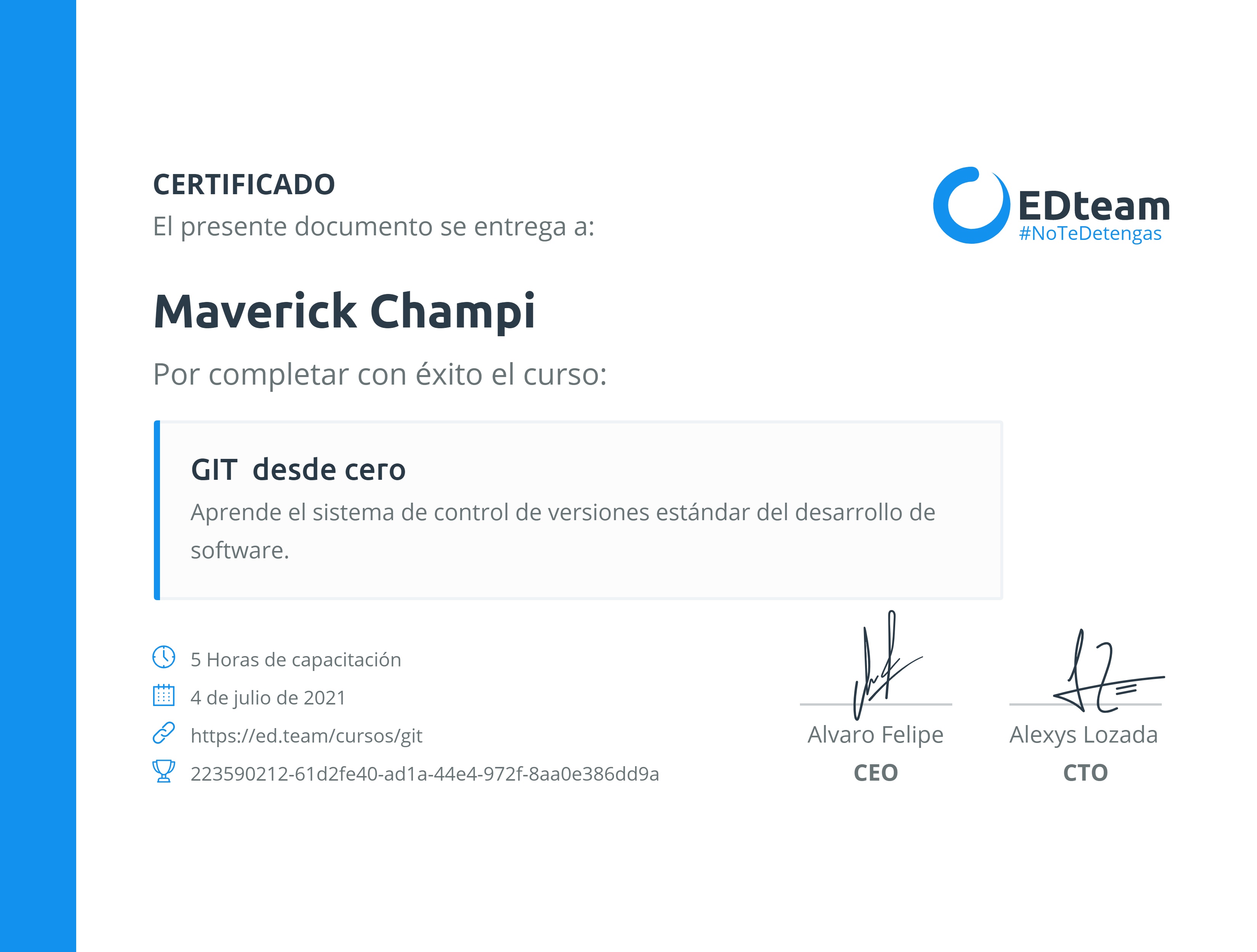 Certificado de Maverick Champi del curso GIT desde cero