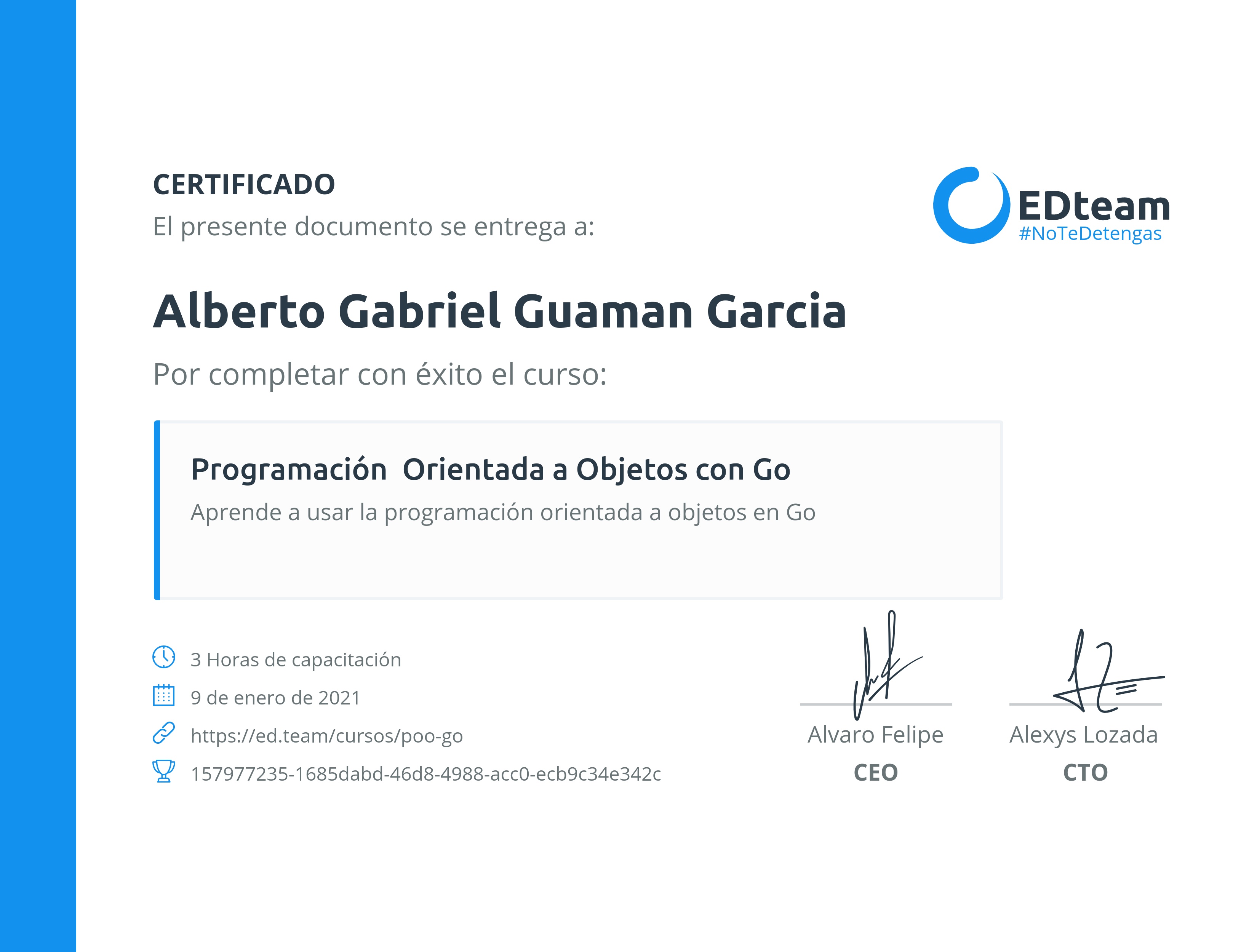 Certificado de Gabriel Garcia del curso Programación Orientada a Objetos con Go