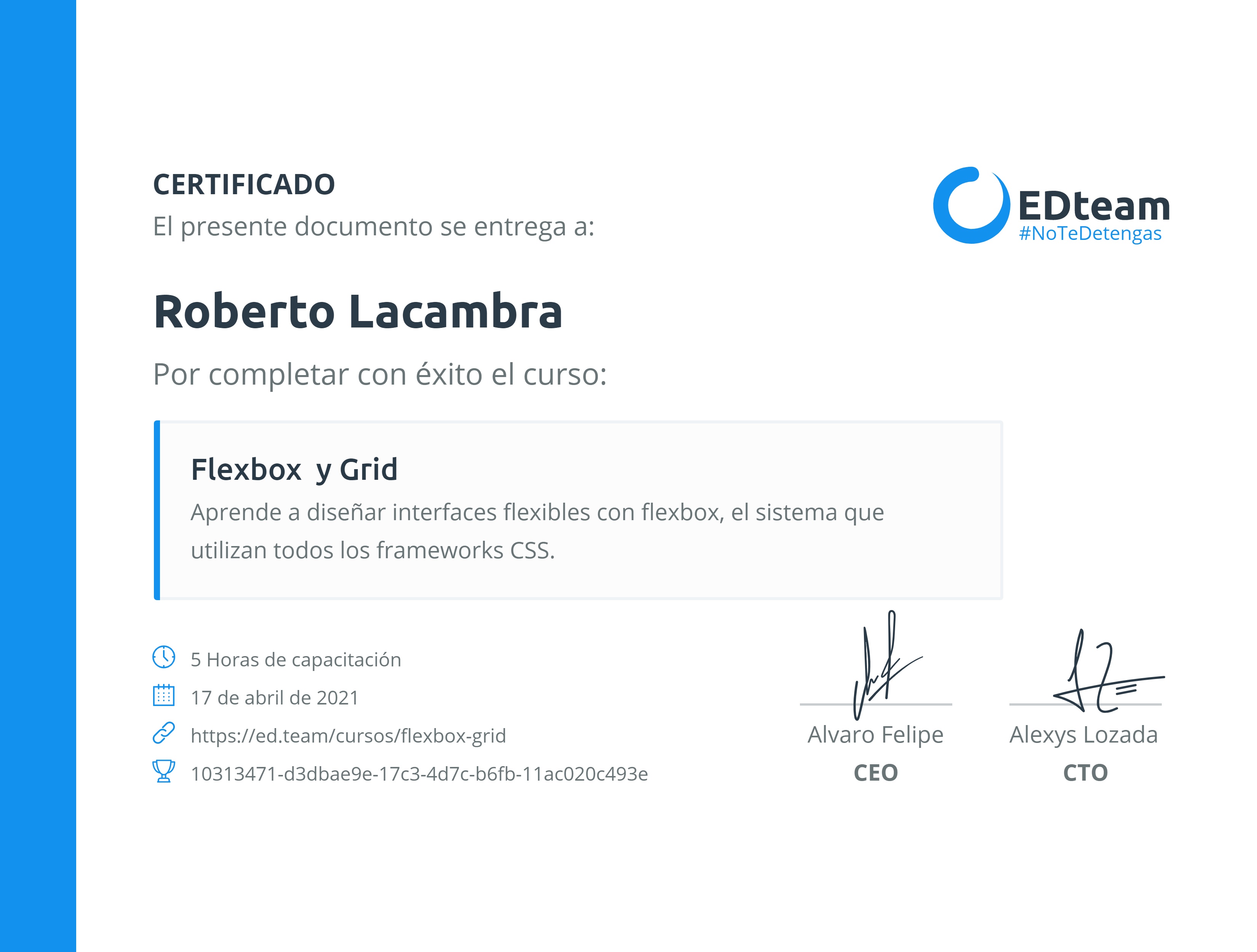 Certificado de Roberto Lacambra del curso Flexbox y Grid