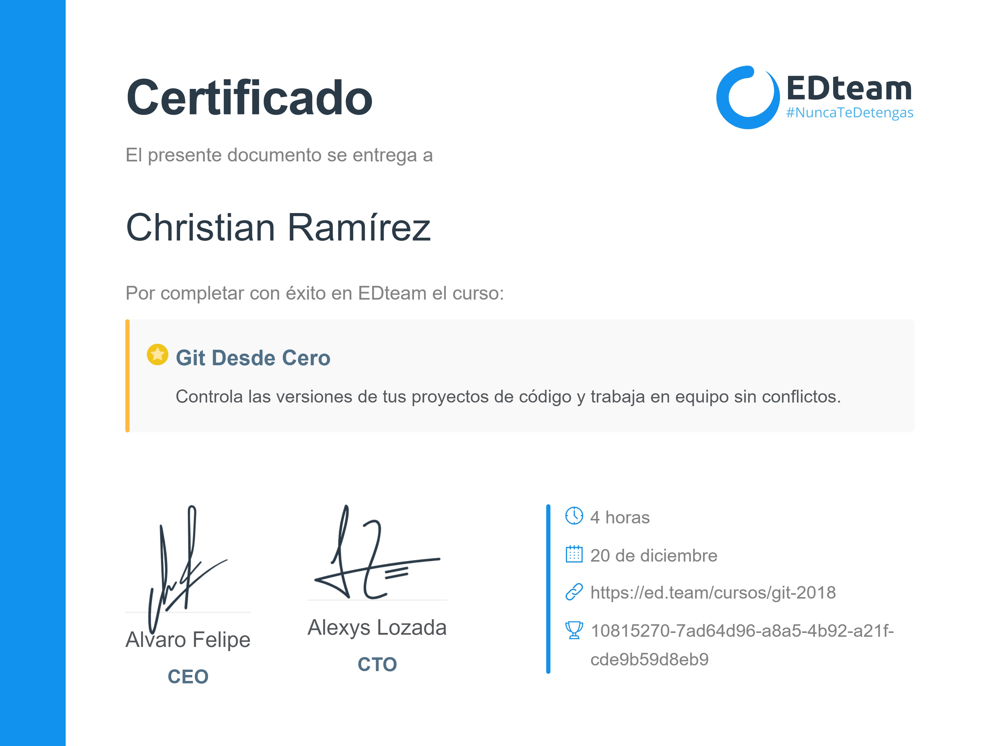 Certificado de Camilo Hurtado del curso Git Desde Cero (2018)
