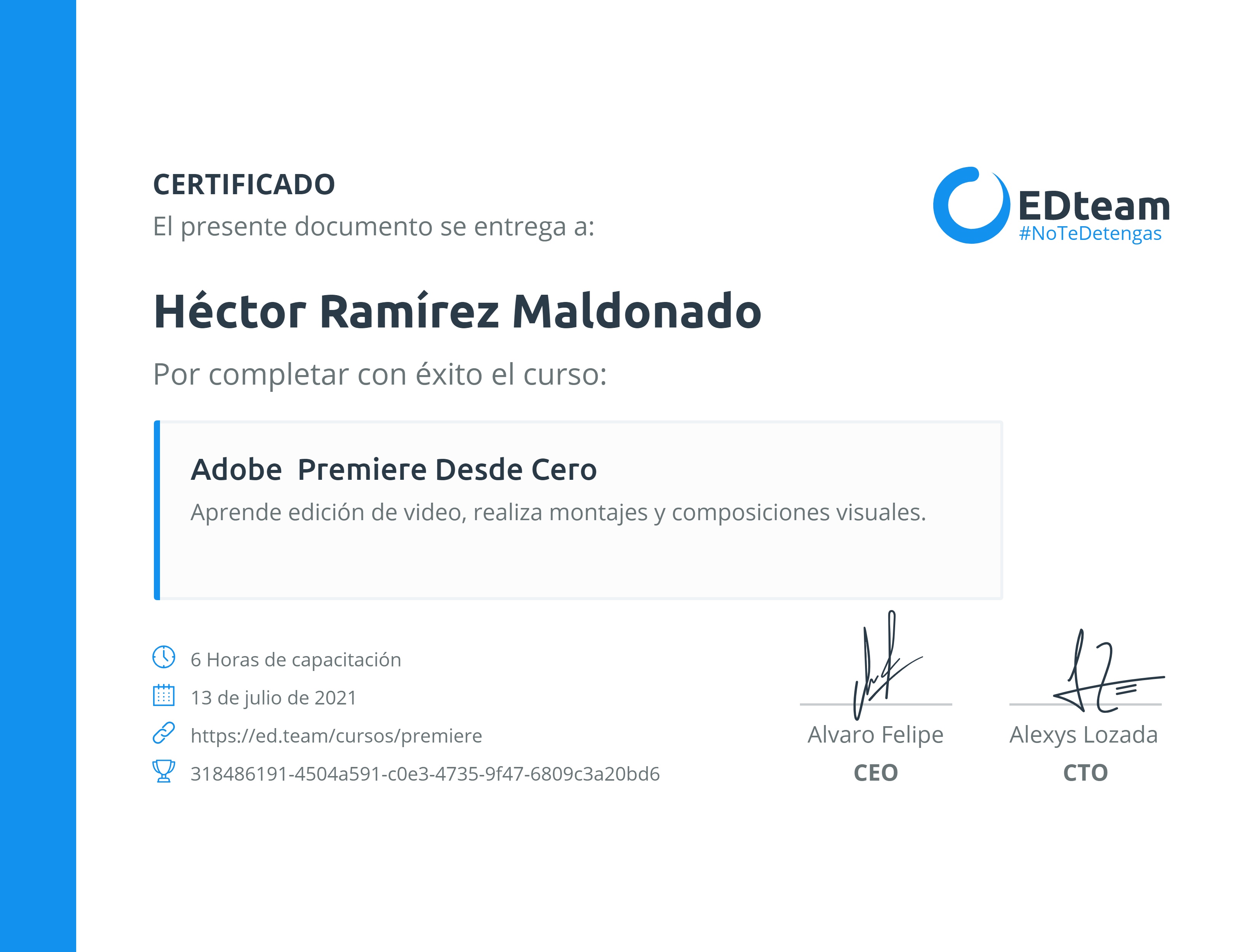 Certificado de Héctor Ramírez Maldonado del curso Adobe Premiere desde cero