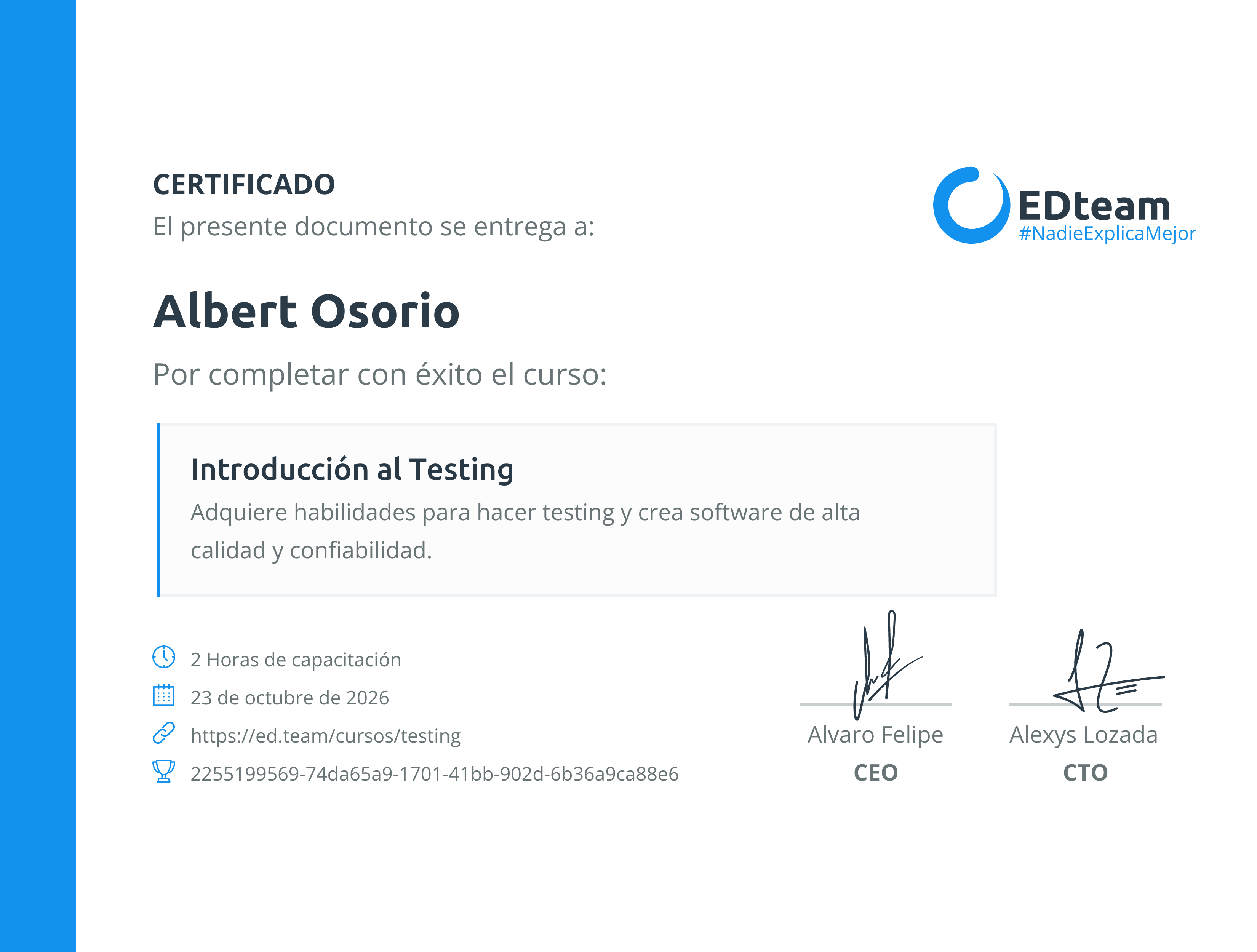 Certificado de Albert Osorio del curso Introducción al Testing