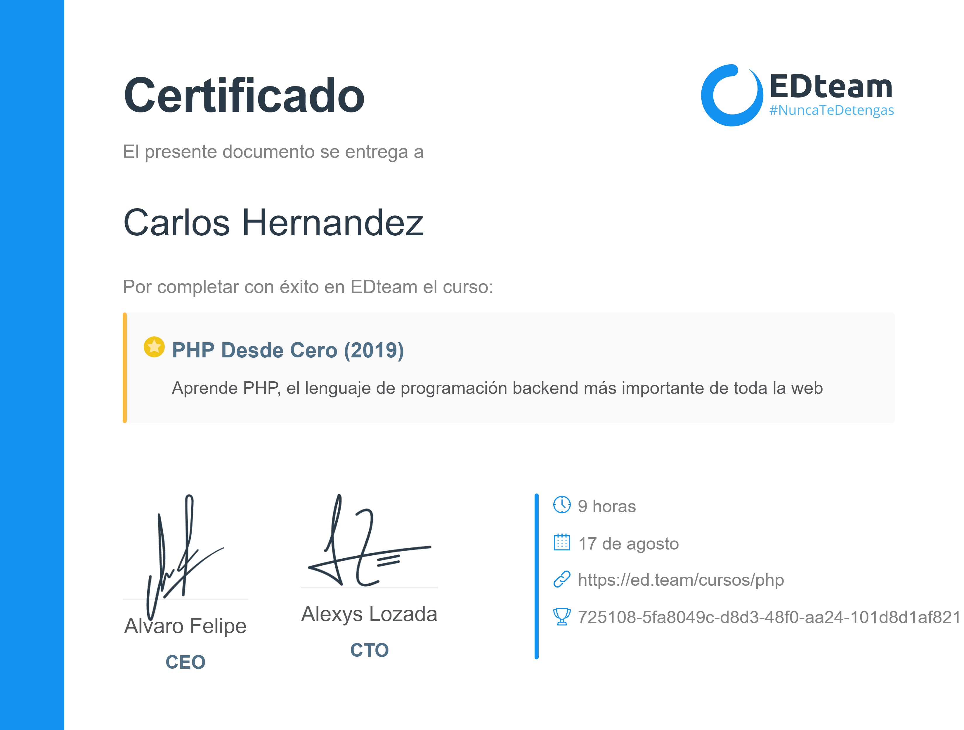 Certificado de Carlos Hernandez del curso PHP Desde Cero