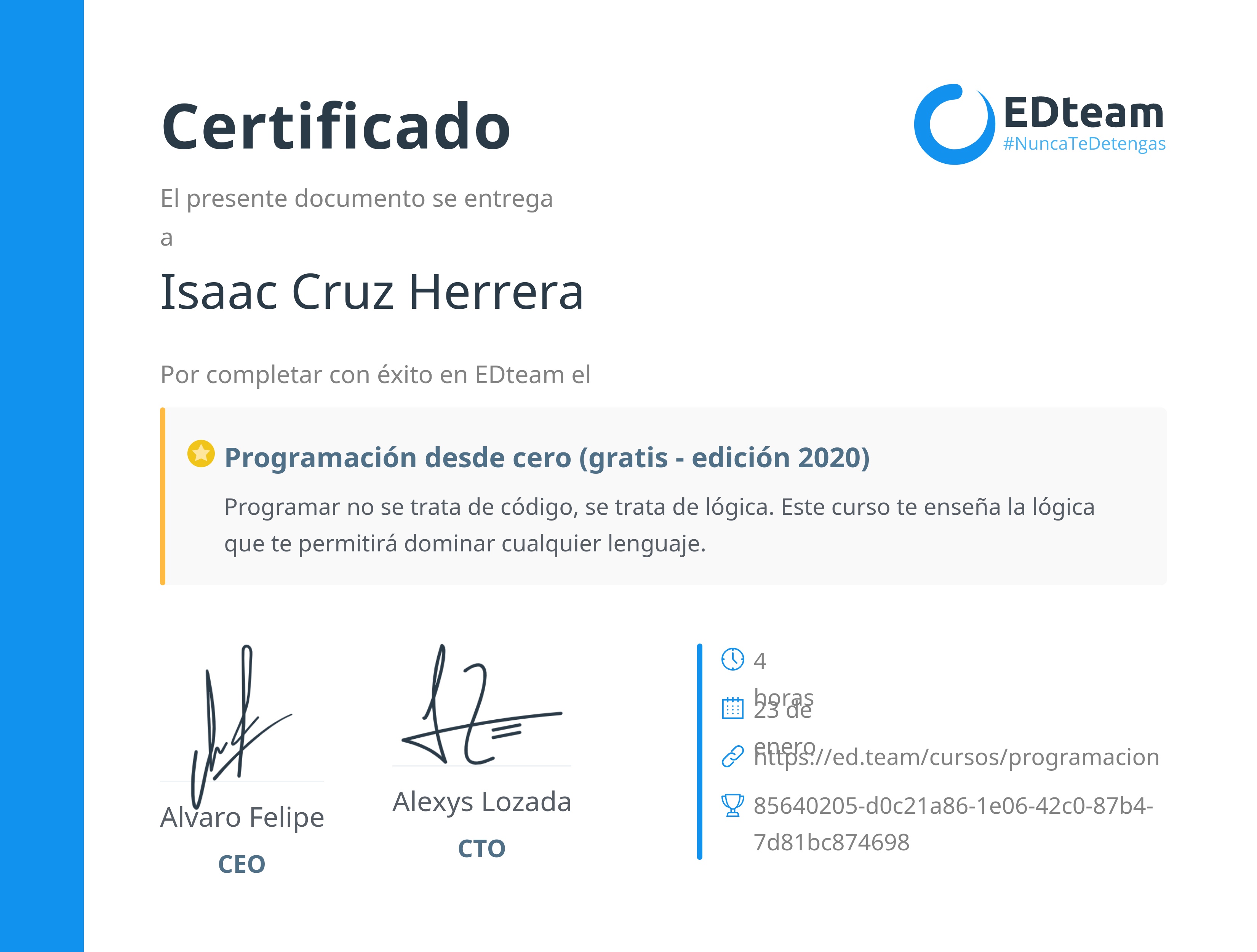 Certificado de Isaac Cruz Herrera del curso Programación desde cero (2019)