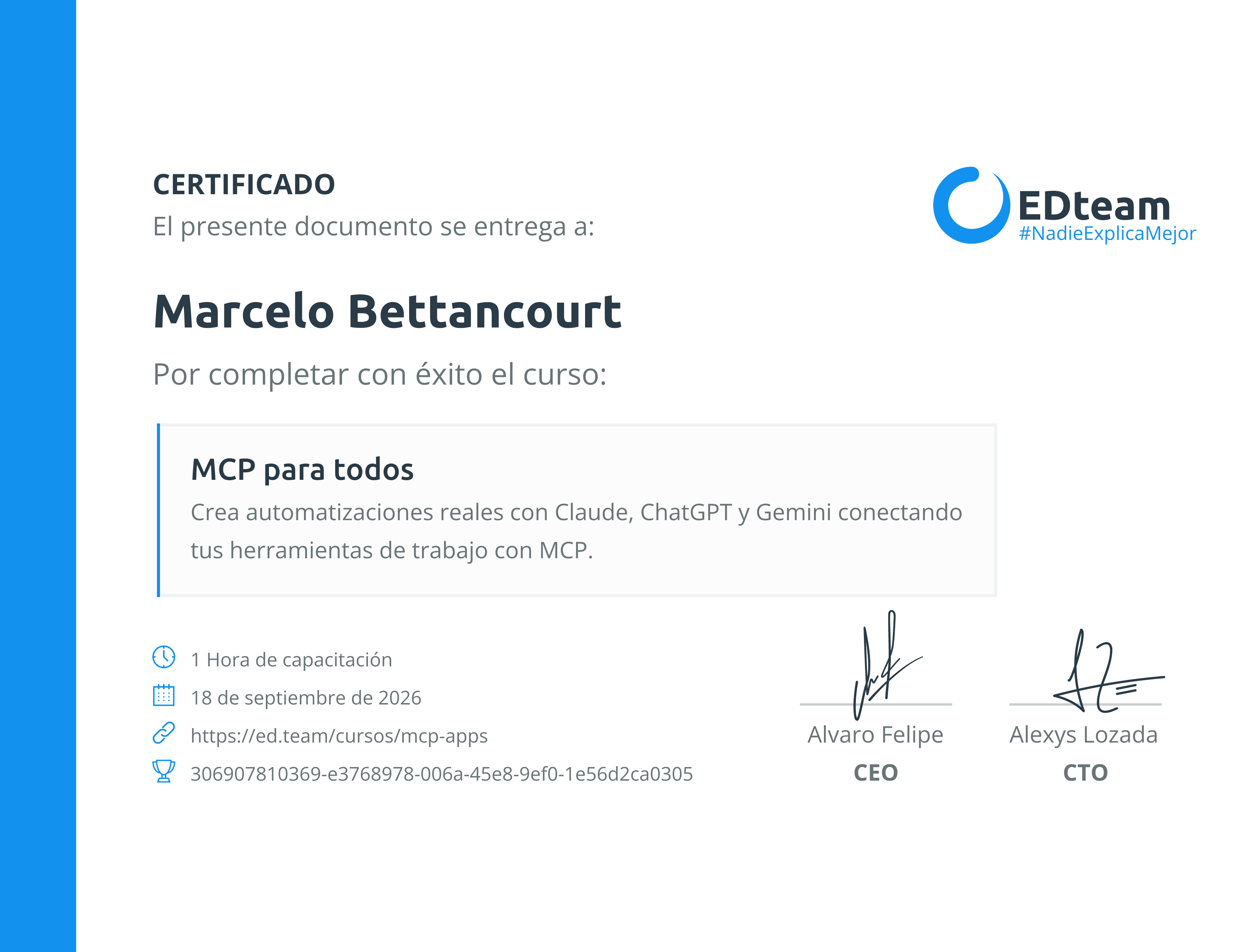 Certificado de Marcelo Bettancourt del curso MCP para todos