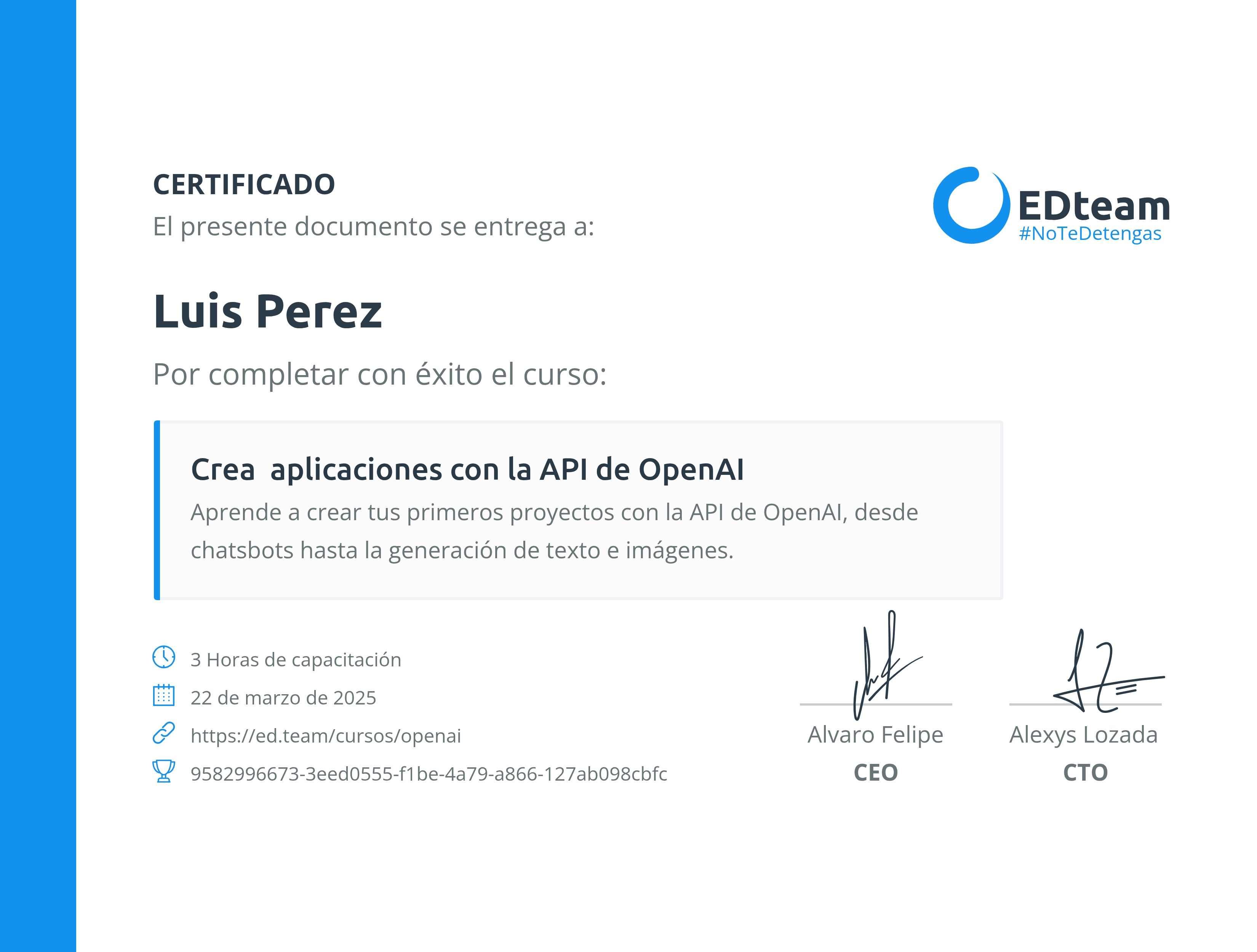 Certificado de Luis Perez del curso Crea aplicaciones con la API de OpenAI